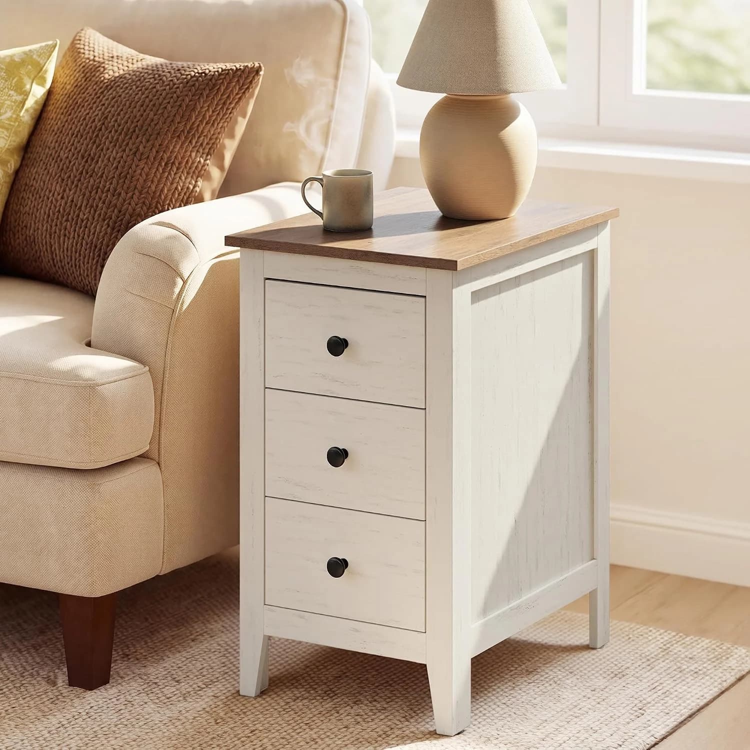 VASAGLE Side End Table with 3 Storage Drawers, Nightstand Farmhouse
