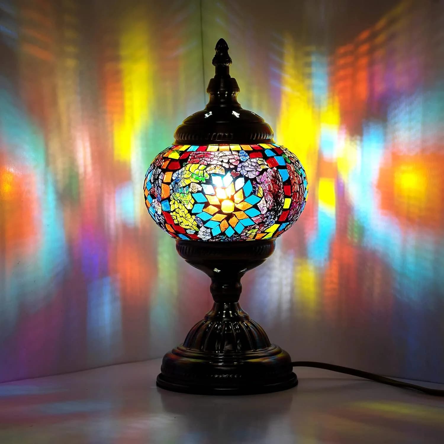 Anton Turkish Mosaic Glass Decorative Table Lamp Moroccan Lantern Home Decor Night Light for Living Bedroom Room (Multic