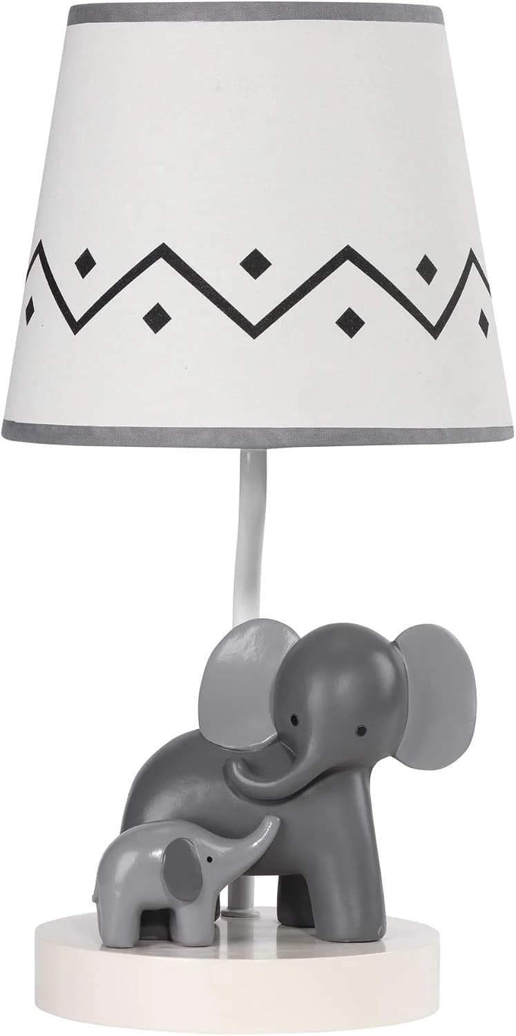 Lambs & Ivy Me & Mama White/Gray Elephant Nursery Lamp with Shade & Bulb