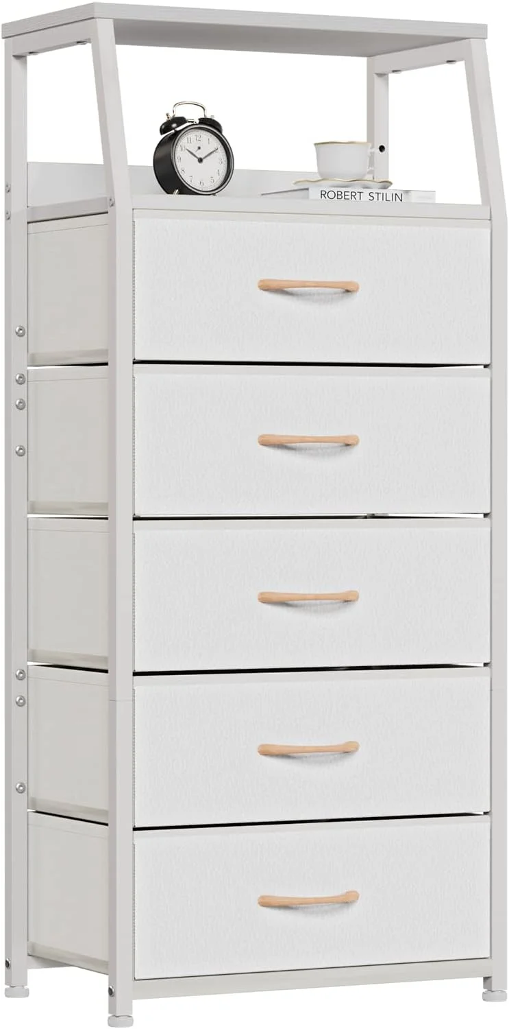 Furnulem White Tall Dresser for Bedroom, 5 Fabric Bins Tall Nightstand