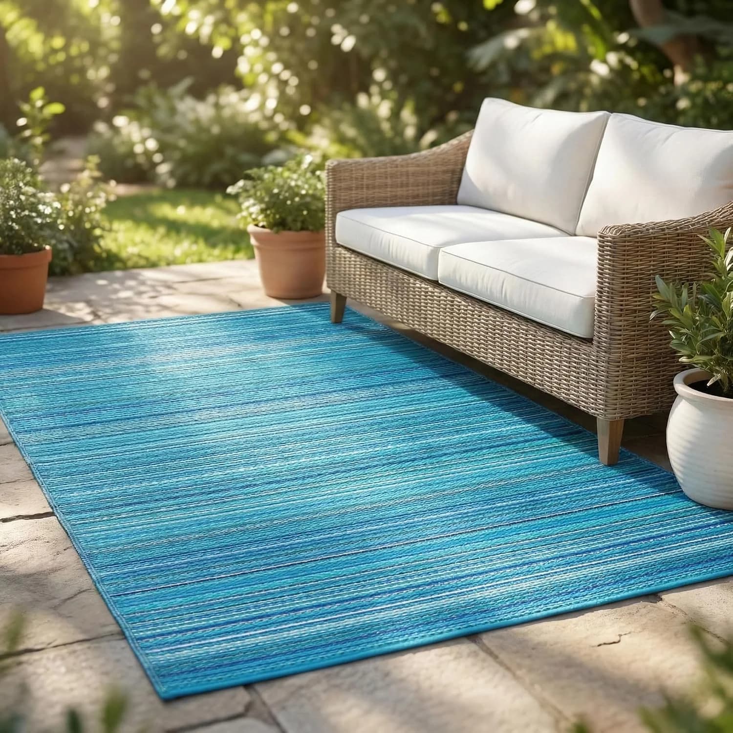 FH Home Outdoor Rug - Waterproof, Fade Resistant, Reversible - Premium Recycled Plastic - Striped - Patio, Deck, Porch,