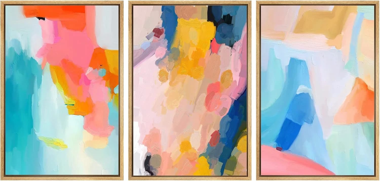SIGNWIN Framed Canvas Print Wall Art Set Vibrant Rainbow Paint Stroke Collage Shapes Abstract Illustrations Modern Art D