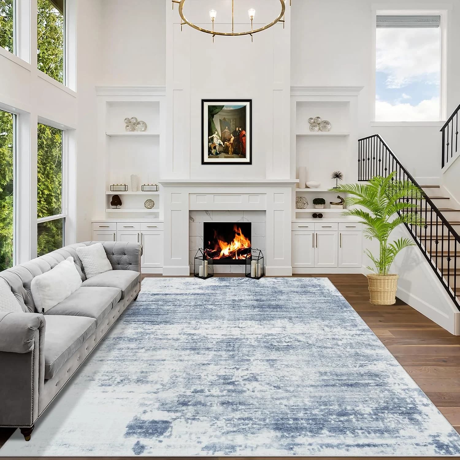 8x10 Area Rugs for Living Room: Washable Abstract Blue White Badroom Carpet