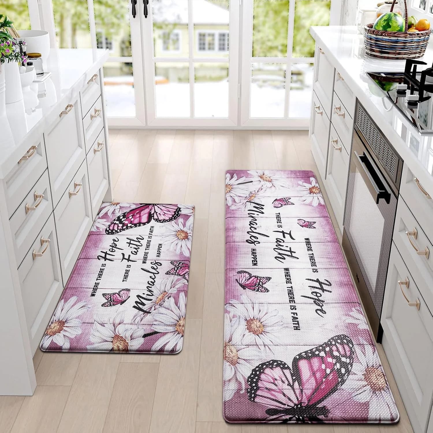 Likiyol Butterfly Kitchen Rugs Sets of 2 Kitchen Mats for Floor Farmhouse Anti Fatigue Mats for Kitchen Floor, Daisy Flo
