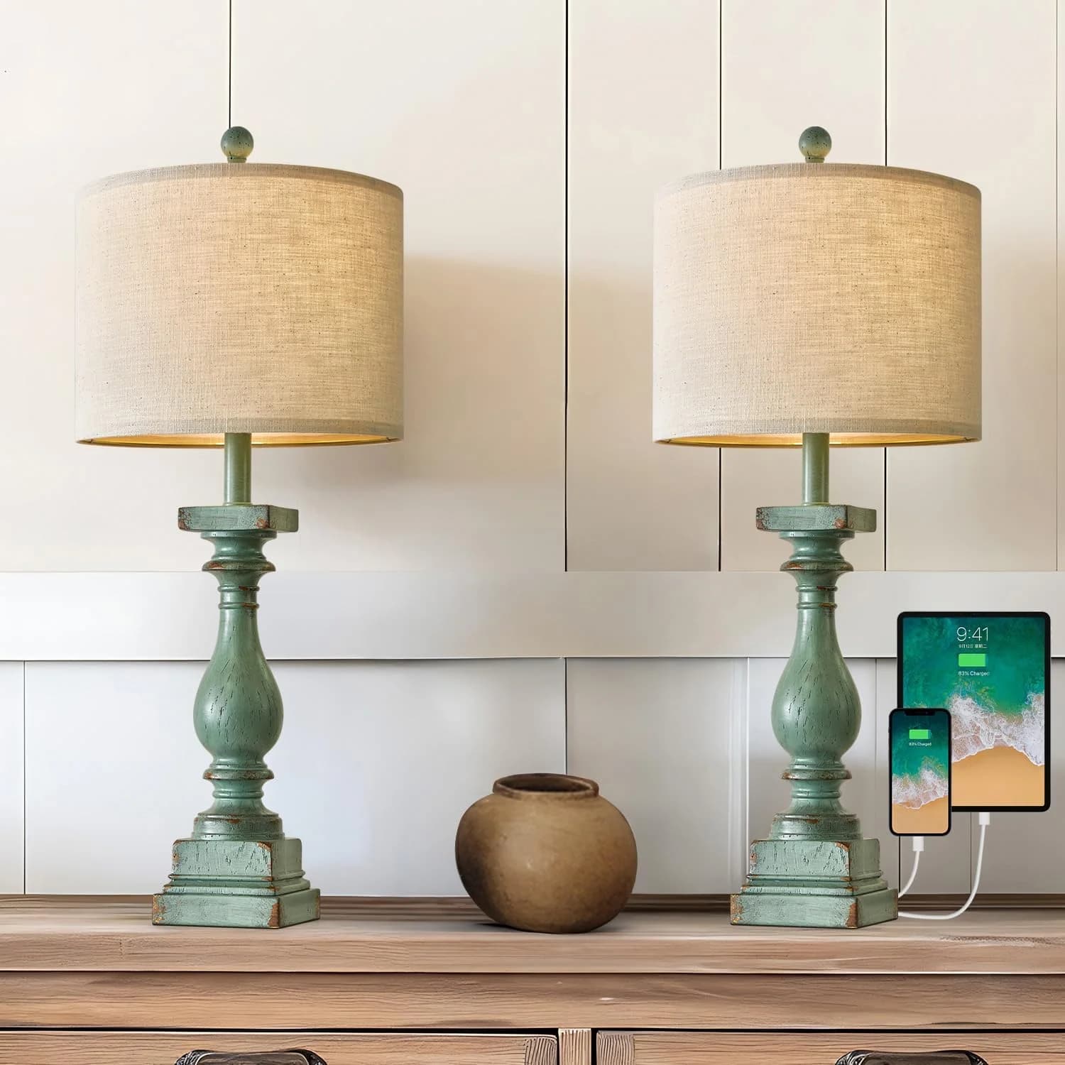 BOBOMOMO 27" Farmhouse Table Lamp Set of 2 with USB A+C for Bedroom Living Room Vintage Rustic Traditional Nightstand Be