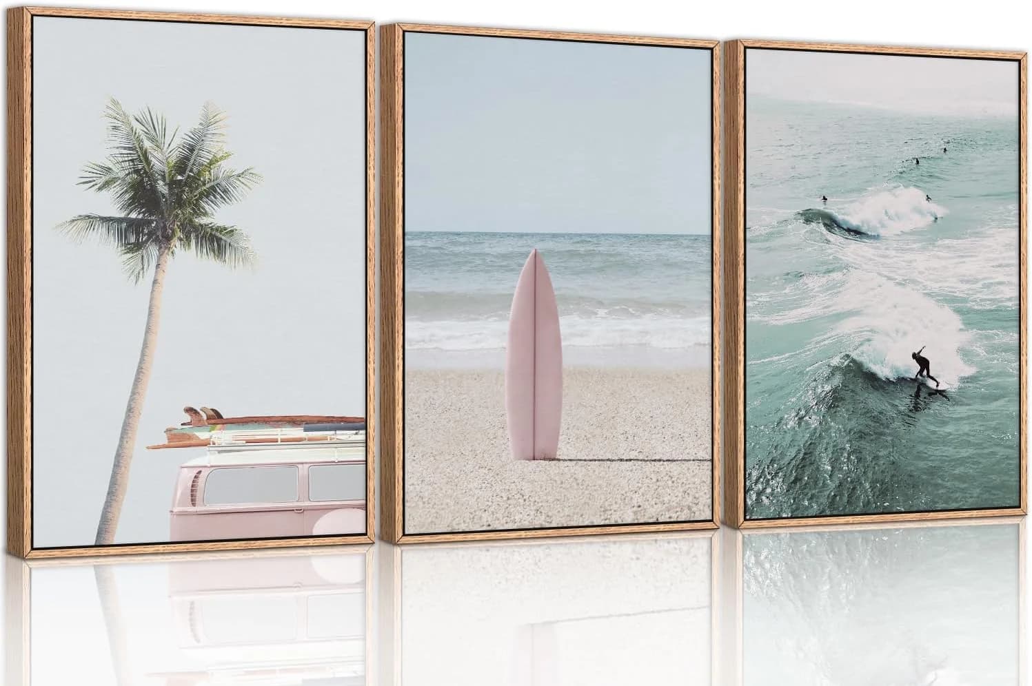 CHDITB Coastal Beach Framed Wall Art, Palm Tree Surfboard Seascape Painting