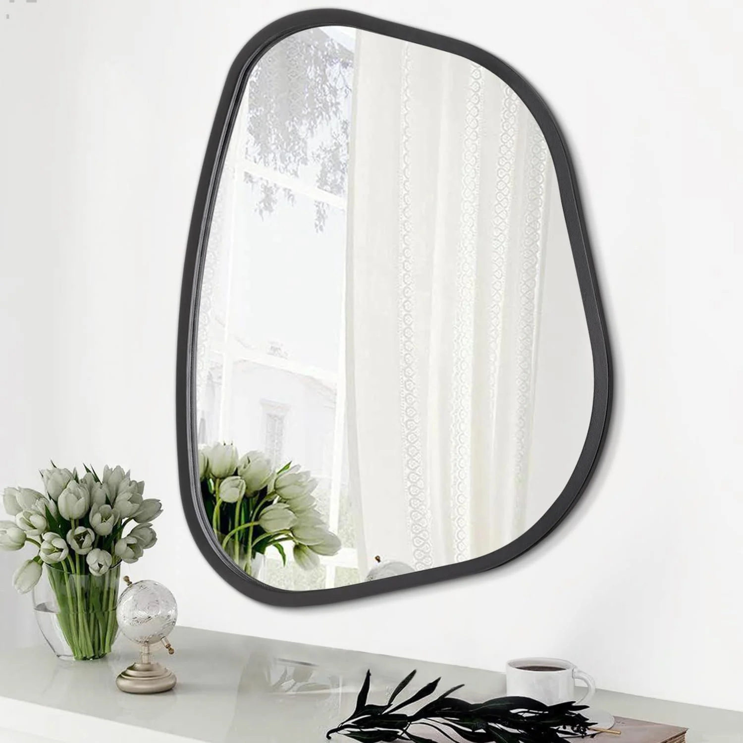 Asymmetrical Mirror for Wall Irregular Oval Wood Frame Modern Unique Accent Wall Mirror Decorative Vanity Bathroom Livin
