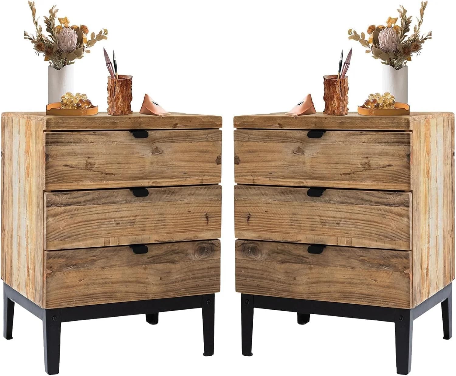 Wnutrees Farmhouse Nightstand with 3-Drawers, Bedside End Table, Set of 2