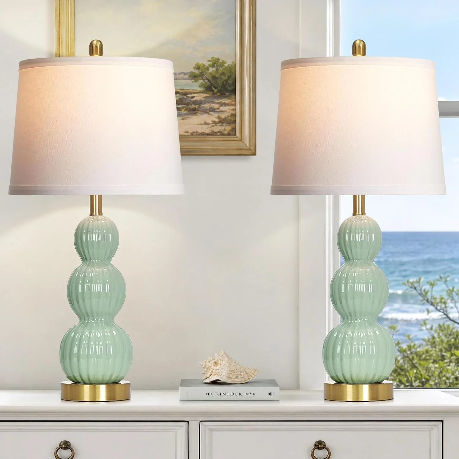 28" Sage Green Table Lamps Set of 2 for Living Room, Modern Ceramic Bedside Lamps for Bedroom, Ribbed Gourd Table Lamps
