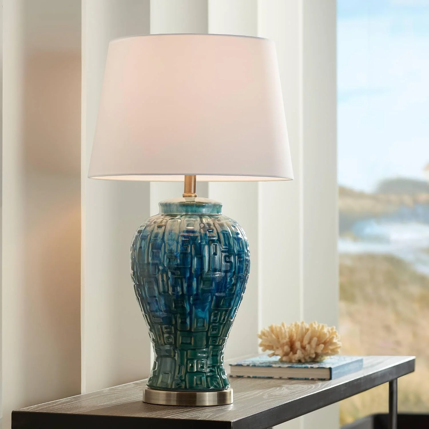 Matsu 27" Tall Table Lamp Blue-Green Teal Temple Ceramic Jar Modern