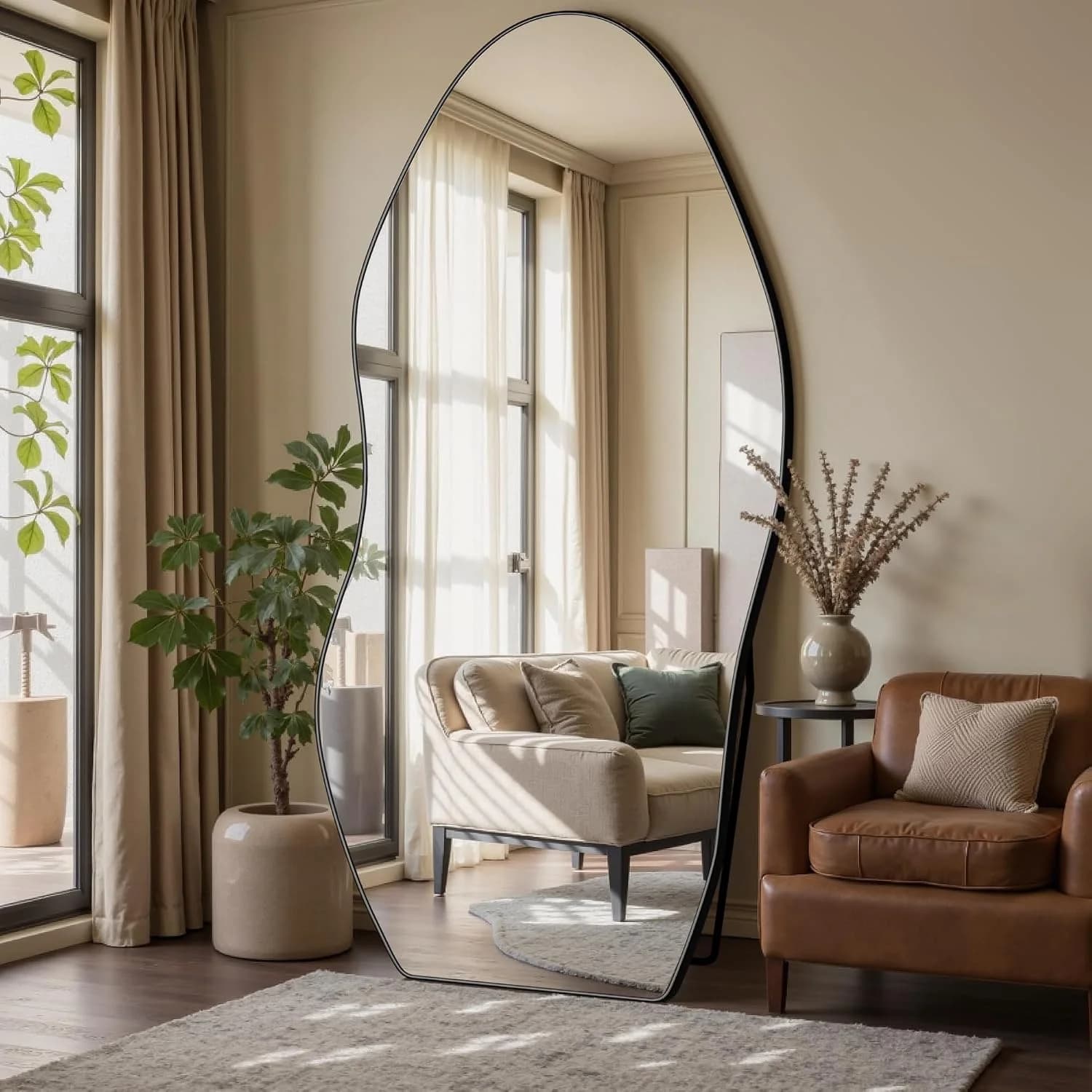 Antok Irregular Full Length Mirror, 76"x36" Asymmetrical Floor Mirror with Stand, Standing Hanging Leaning Irregular Mir