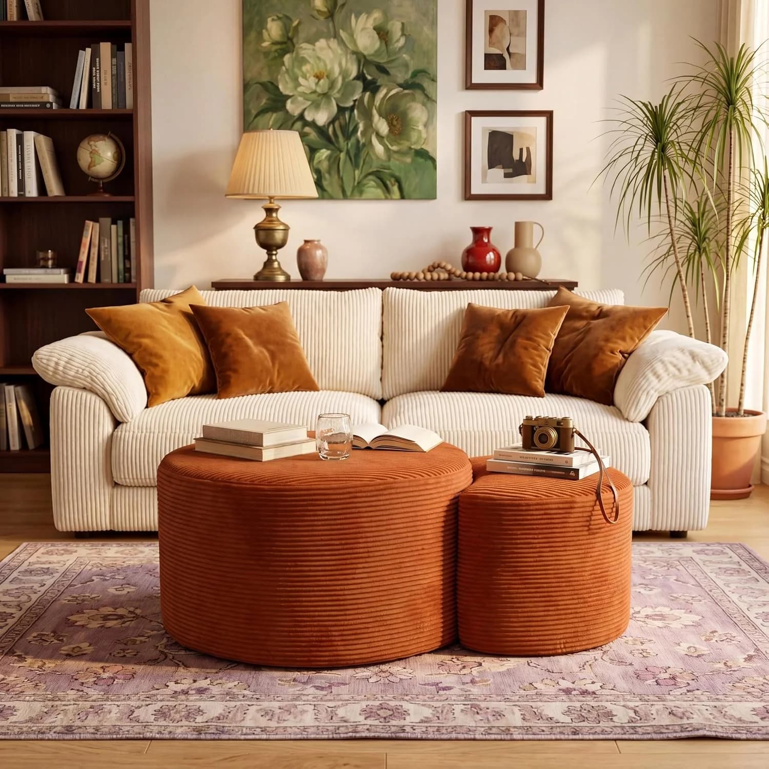 BSHOMGI Nesting Coffee Table Set of 2,Corduroy Ottoman Soft Foot Rest Movable LargePouf Footstool for Living Room Sofa C
