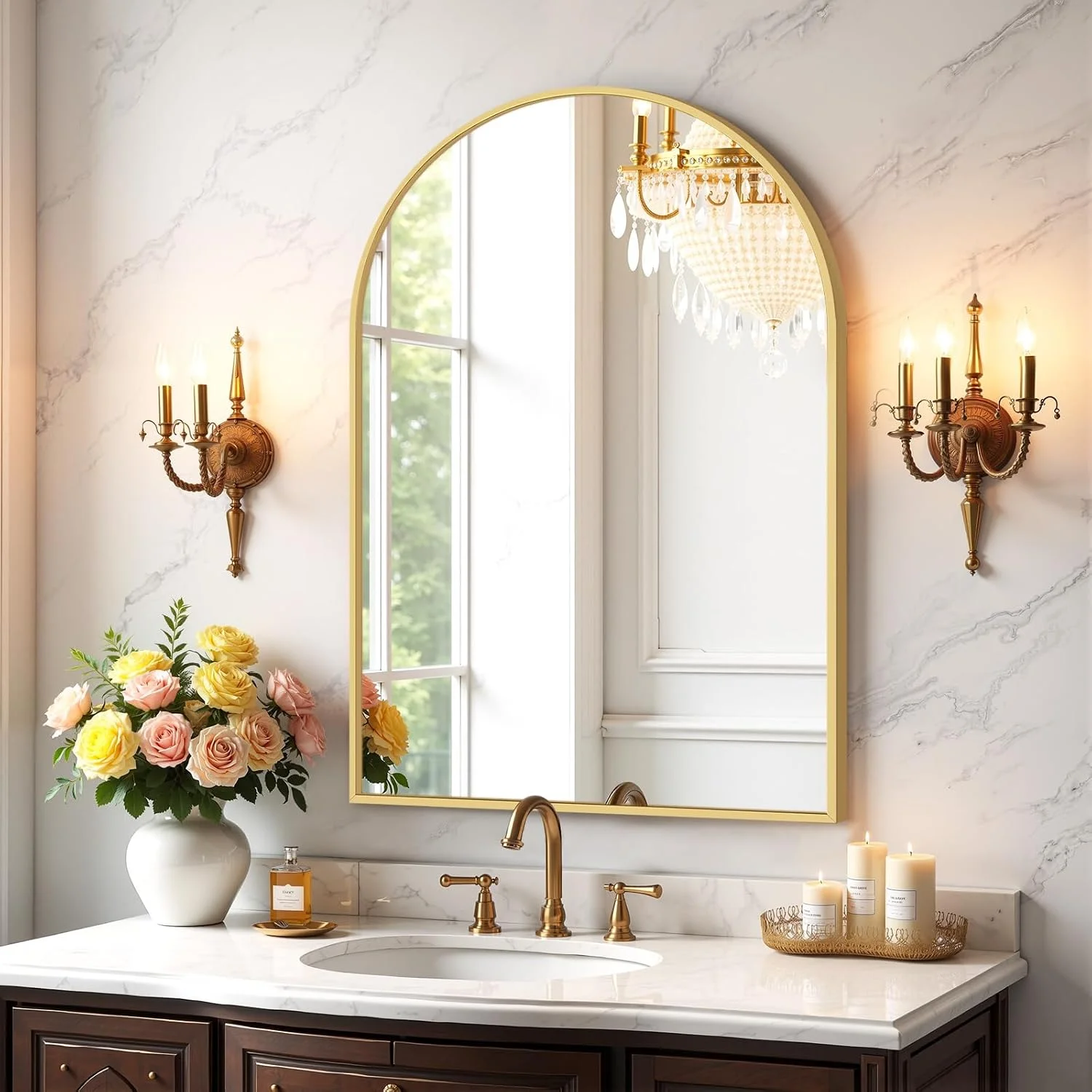 Bathroom Mirror for Wall, 30x20 Inch Arched Mirror, Matte Gold Metal Framed Bathroom Vanity Mirrors for Restroom Farmhou