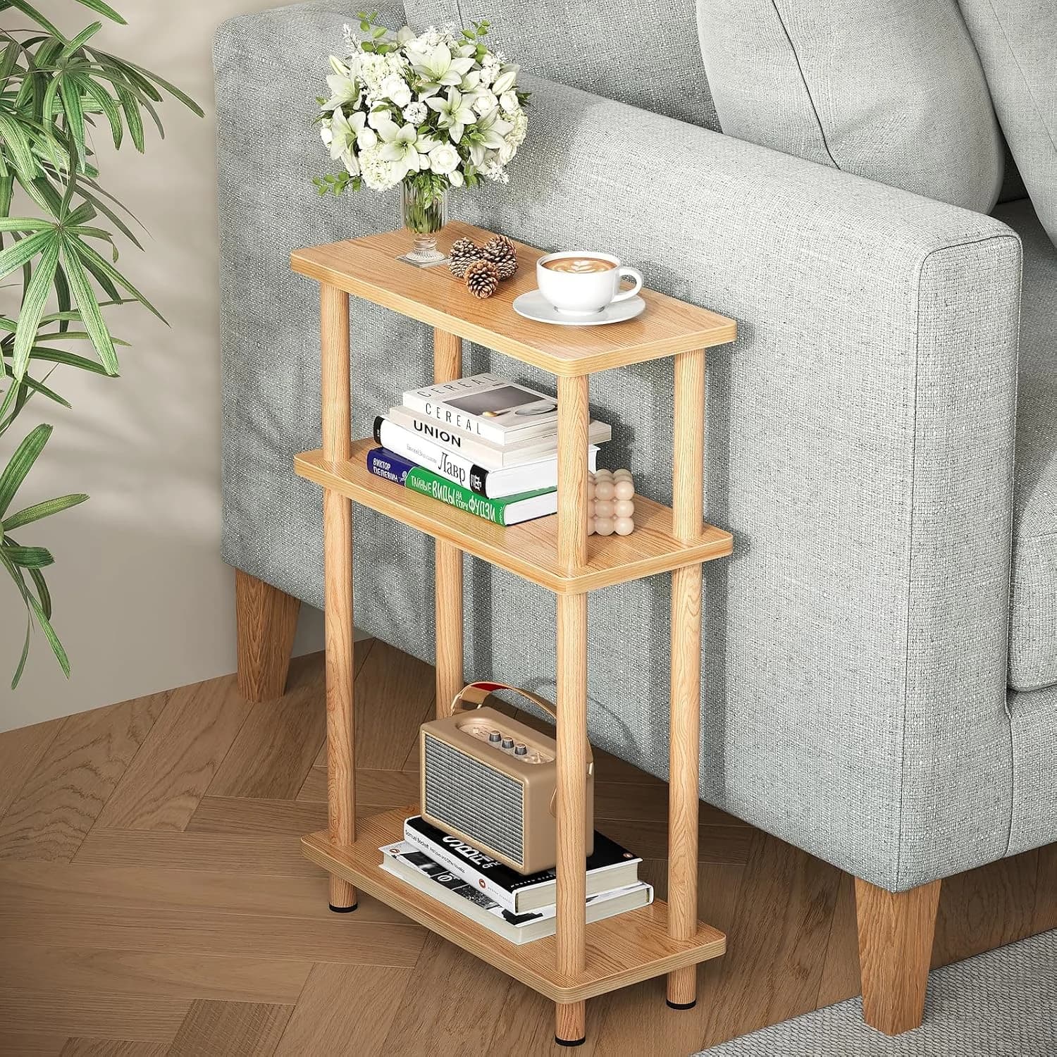 Apicizon Small Narrow Side Table, 3-Tier Skinny End Table, Natural