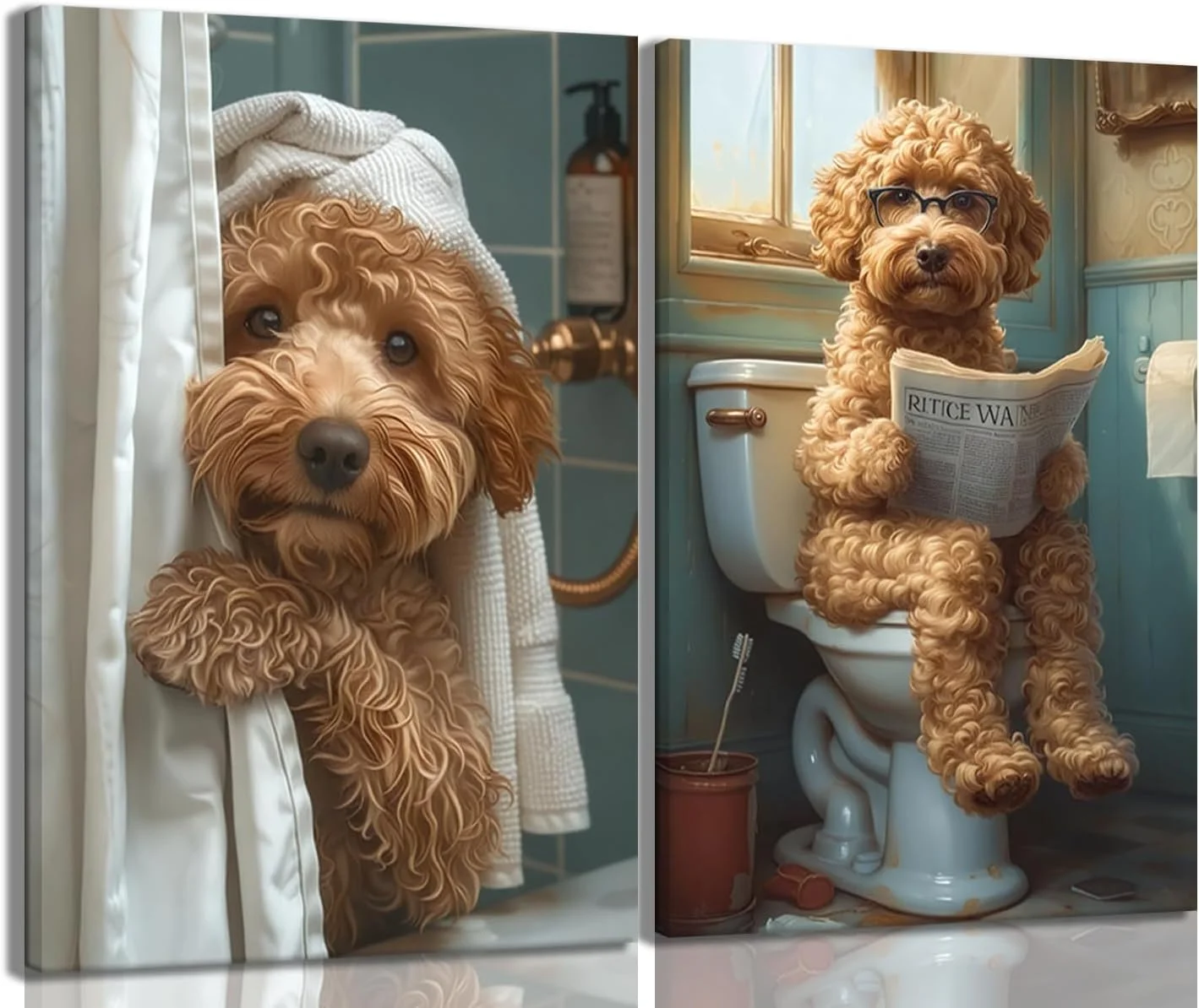 Yaneiro Funny Bathroom Canvas Wall Art-Set of 2 Poodle On Toilet Reading Newspaper Wall Decor Goldendoodle In Shower Hum