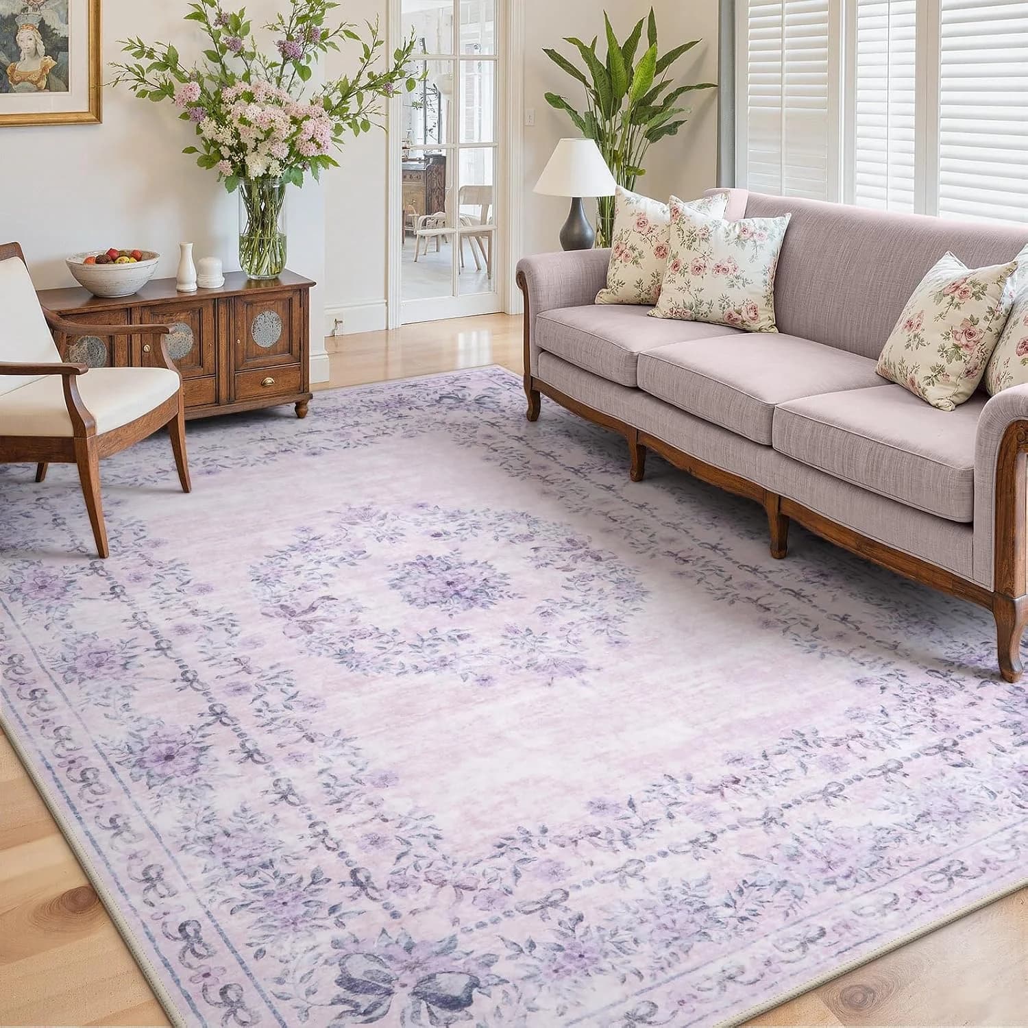 Wonnitar Floral Print 8x10 Washable Rug, Purple Bow Room Decor for Girls Bedroom, Ultra-Thin Non Slip Soft 8 x 10 Large