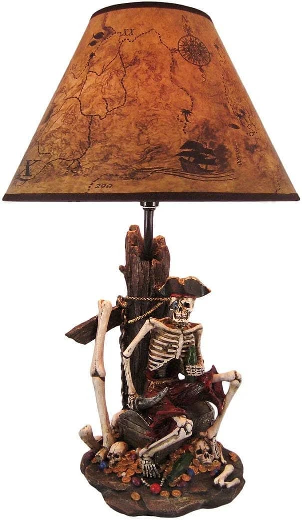 Zeckos Pirate Skeleton Table Lamp, 21 Inch with Treasure Map Shade