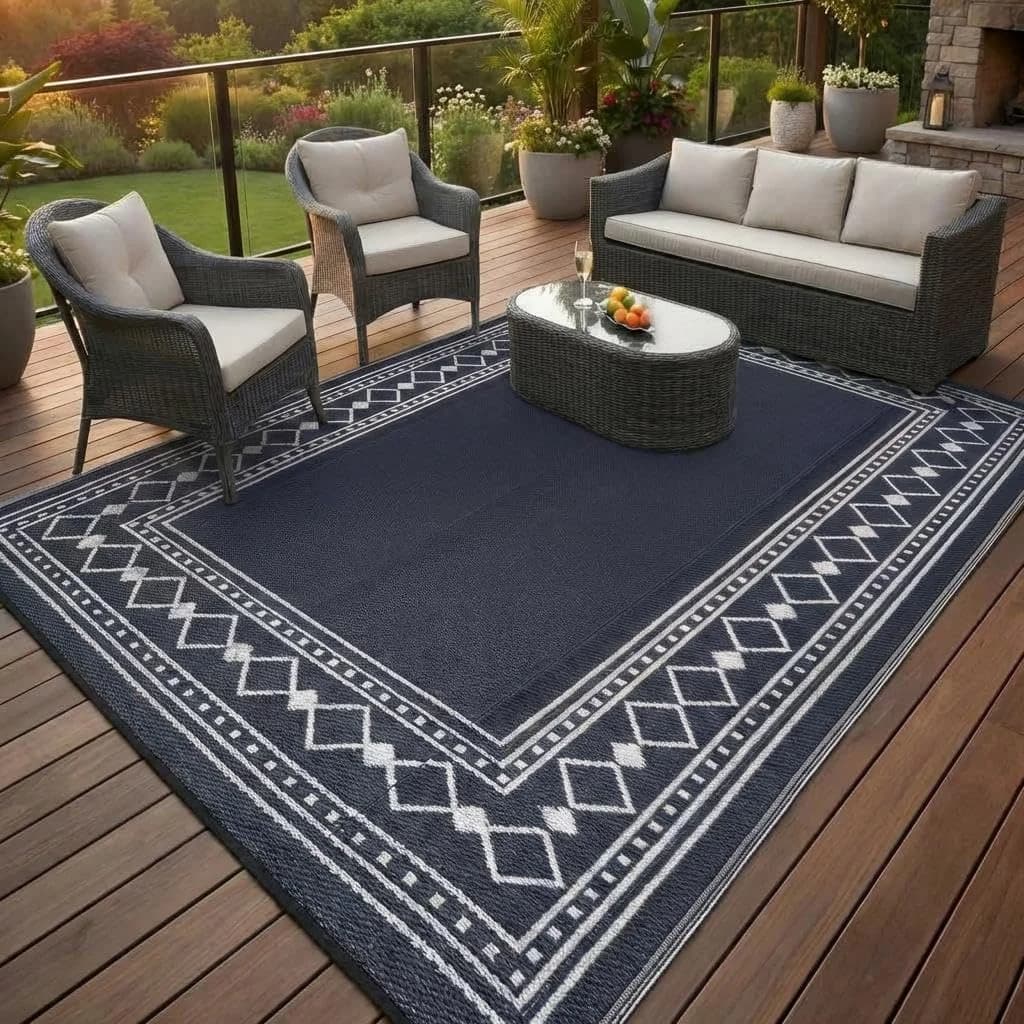 GarveeHome Outdoor Rug 8x10 Waterproof Patio Rugs Modern Bordered Reversible Mat for Front Door Rv Foldable Plastic Stra