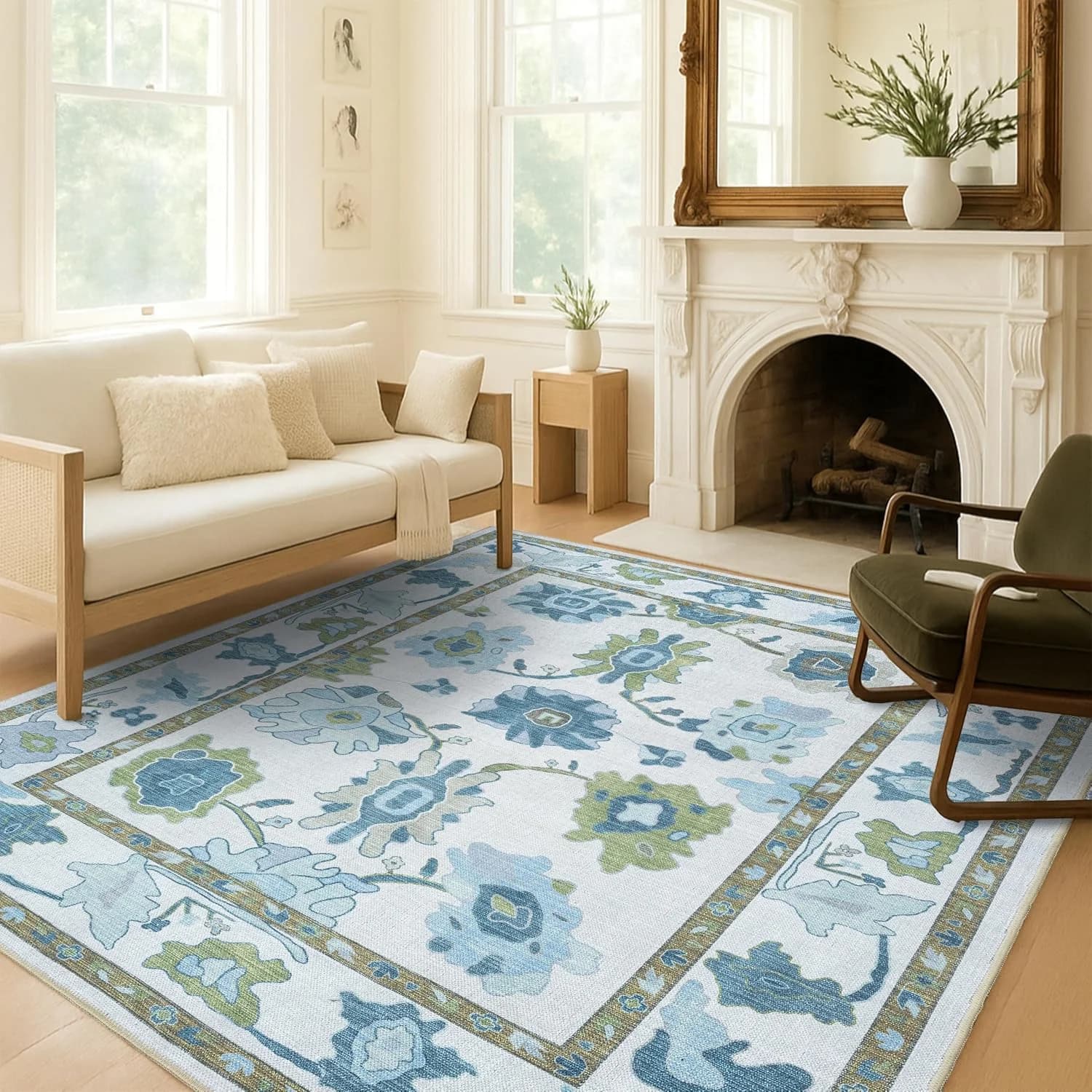 Fame Living Green Oushak Rug, Modern, Vintage, Turkish, Eclectic, Floral, Pastel, Washable, Large Area Rugs for Living R