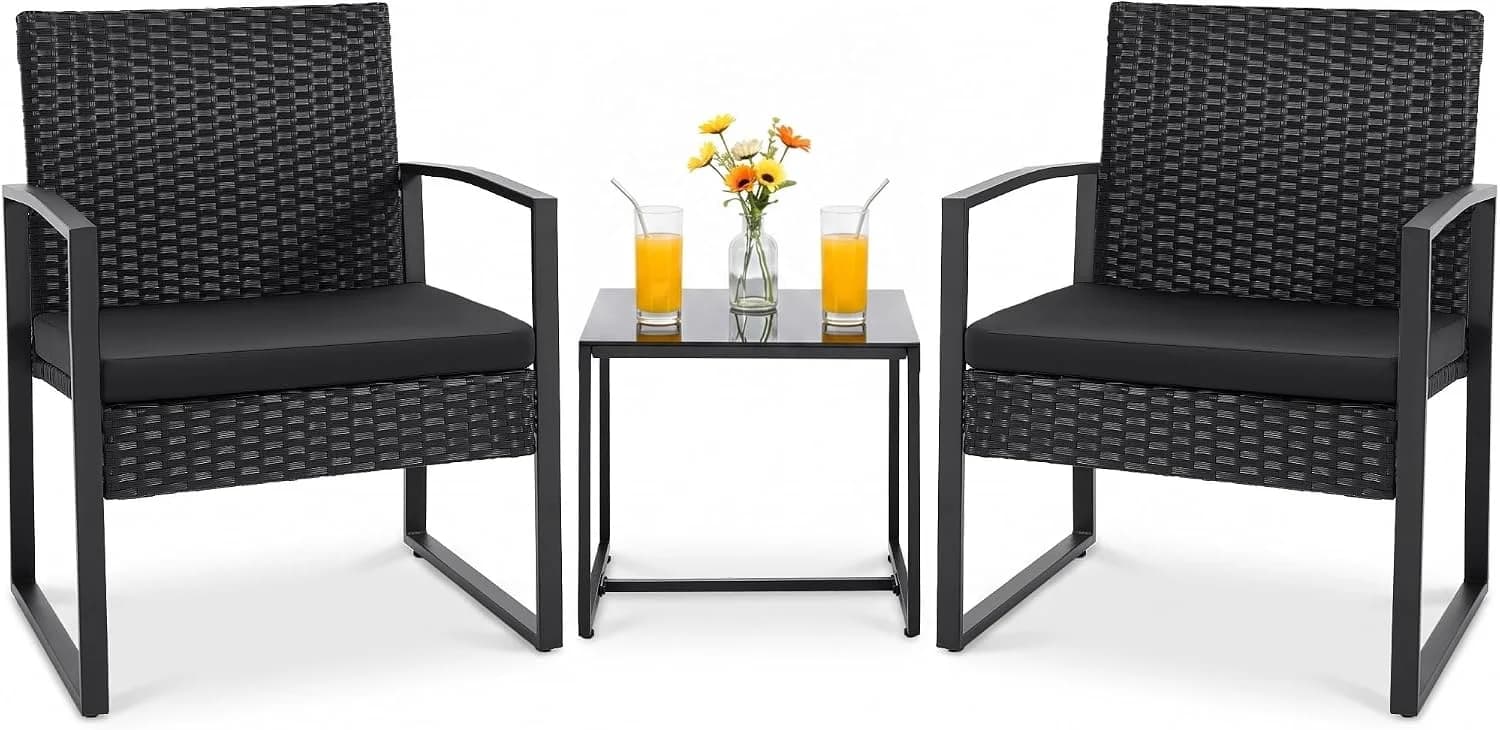 Flamaker 3 Pieces Patio Furniture Set Outdoor Wicker Bistro Chair (Black)