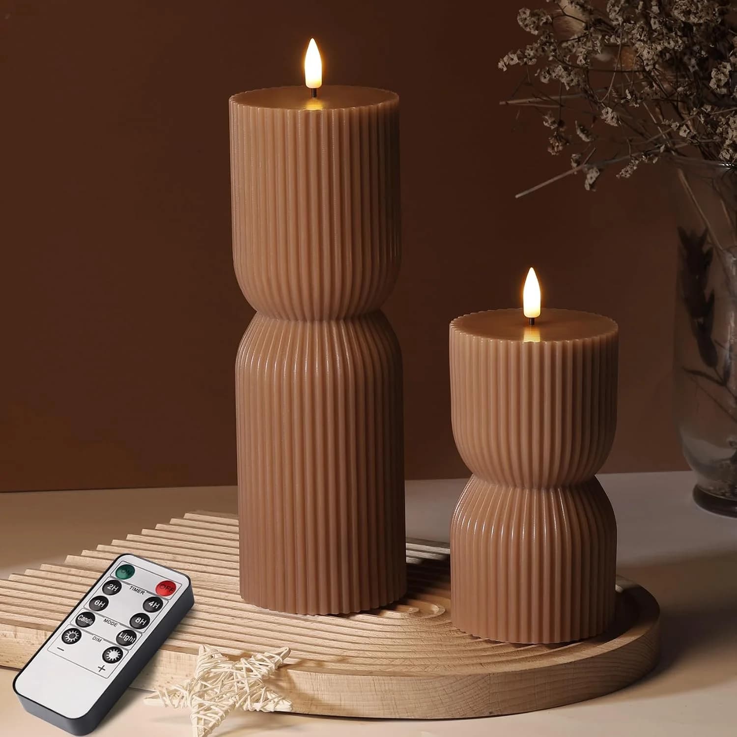 Brown Ribbed Fall Flameless Pillar Candles with Remote Set of 2