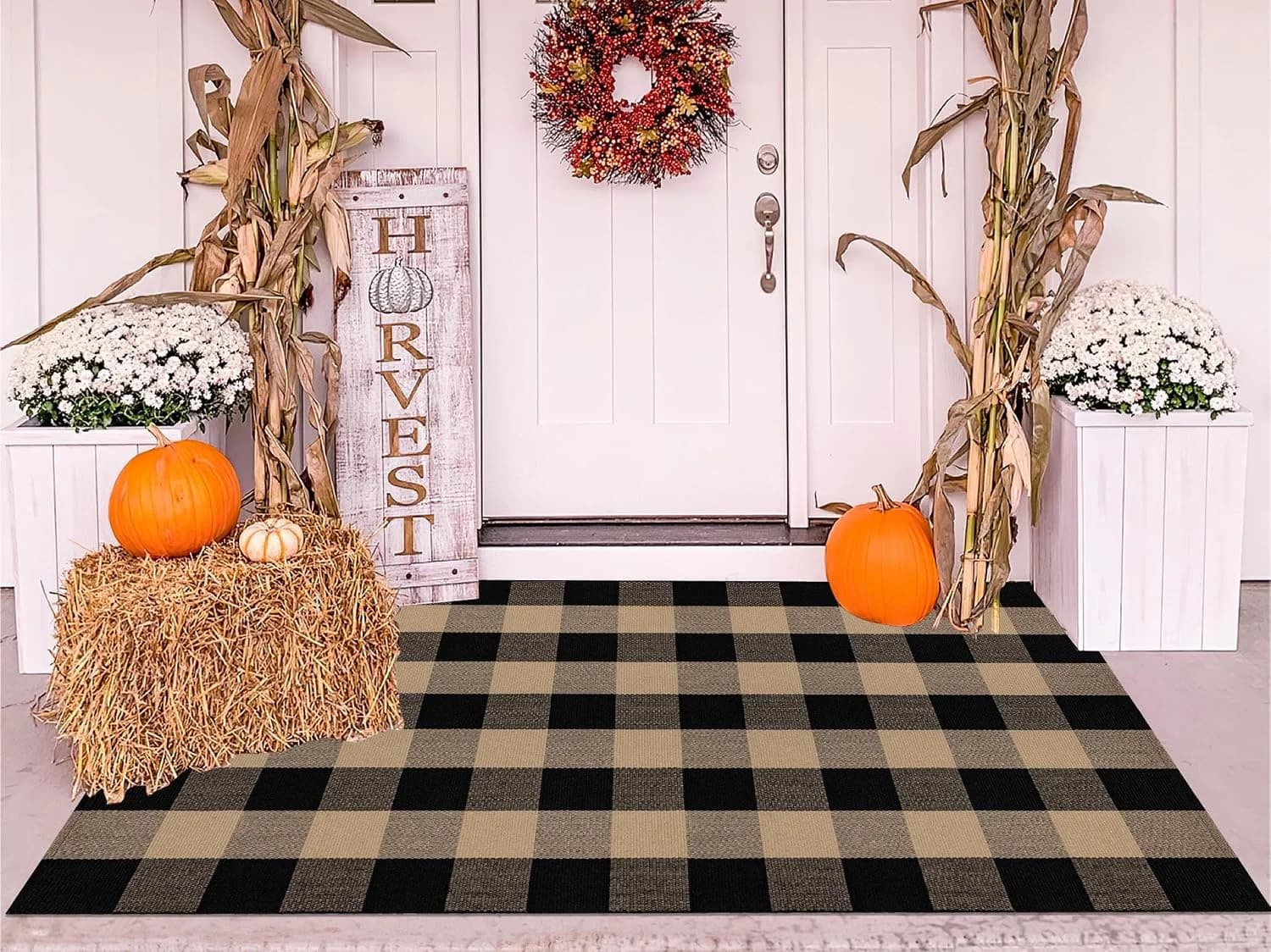 Washable Outdoor Rug 3'x5',Tan and Black Checkered Front Porch Rug