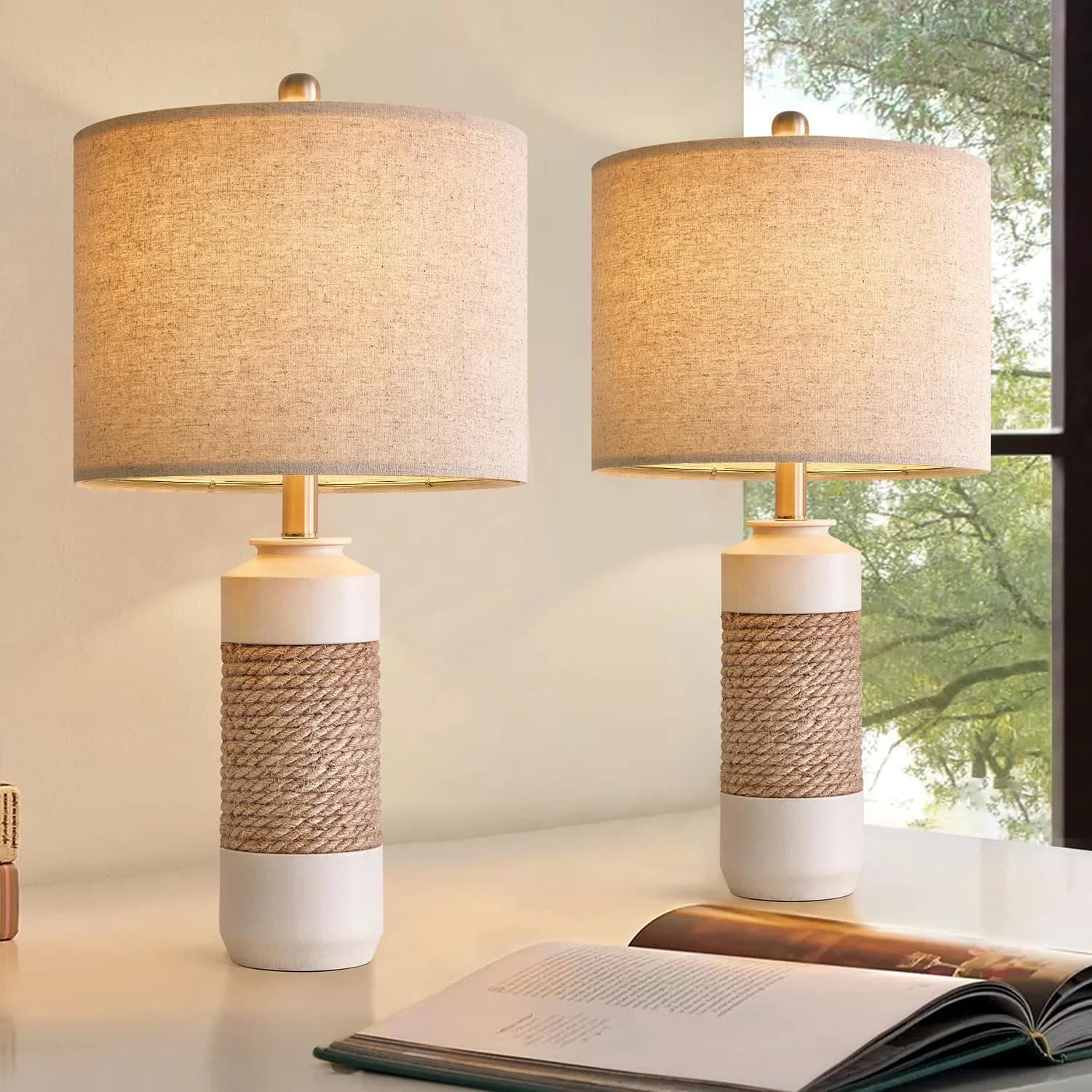 OYEARS 23.75" Bedside Table Lamps Set of 2 for Sleeping and Reading, Vintage Farmhouse Rattan Table Lamp Antique White R