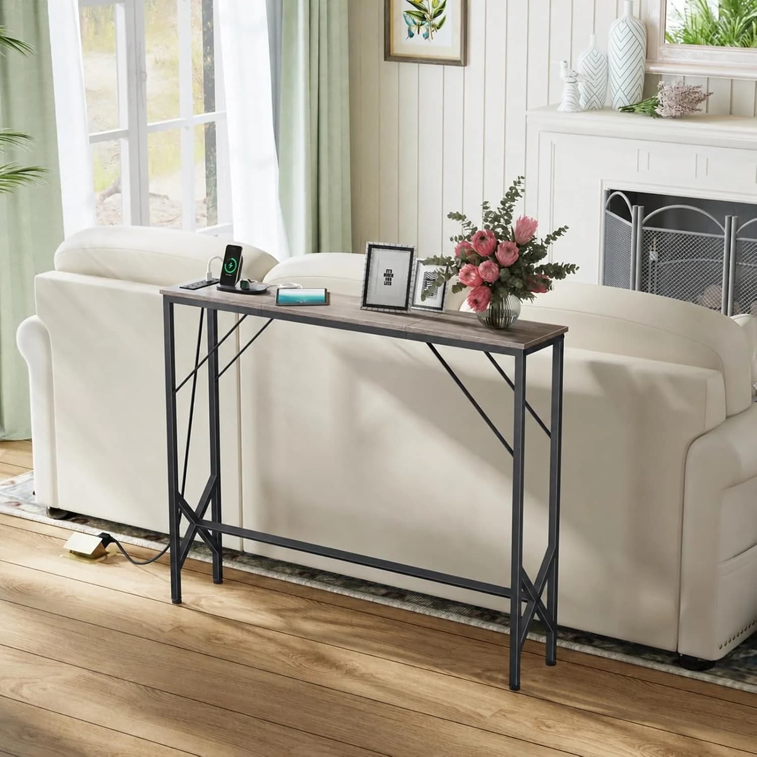 Console Table, Skinny Entryway Table with Fast-Charging Station, Narrow Long Sofa Table, Behind Slim Couch Table for Ent