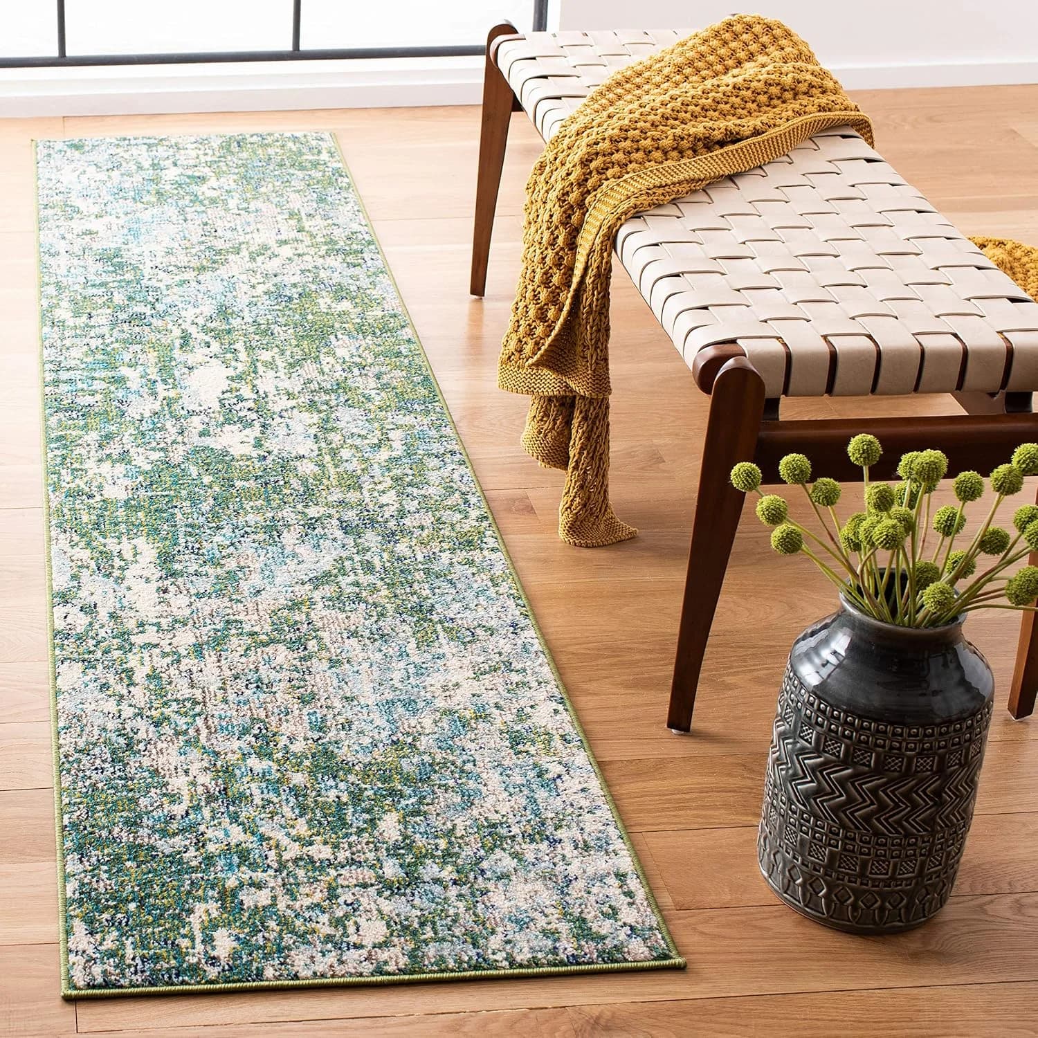 SAFAVIEH Madison Collection Runner Rug - 2'2" x 6', Green & Turquoise, Boho Abstract Distressed Design, Non-Shedding & E