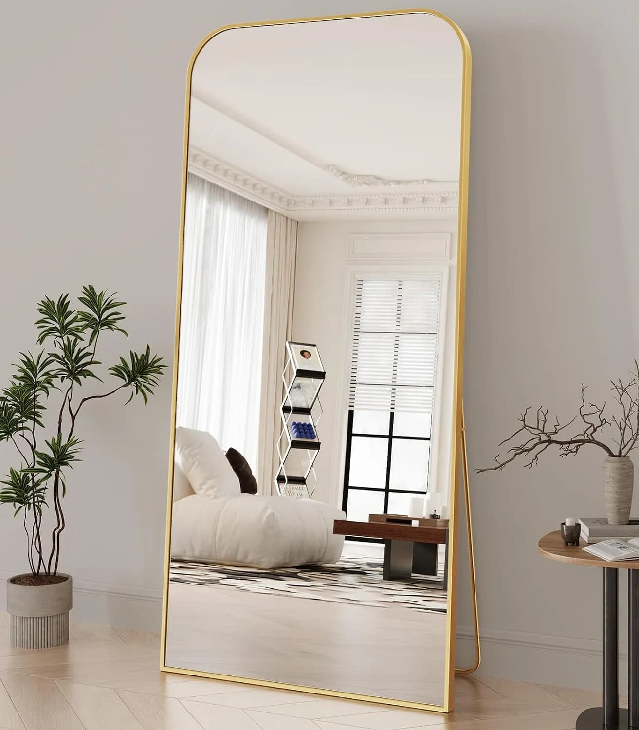 Koonmi Full Length Mirror, 71"x30" Mirror Full Length with Stand, Gold Domed Top Square-Edged Floor Mirror with Aluminum