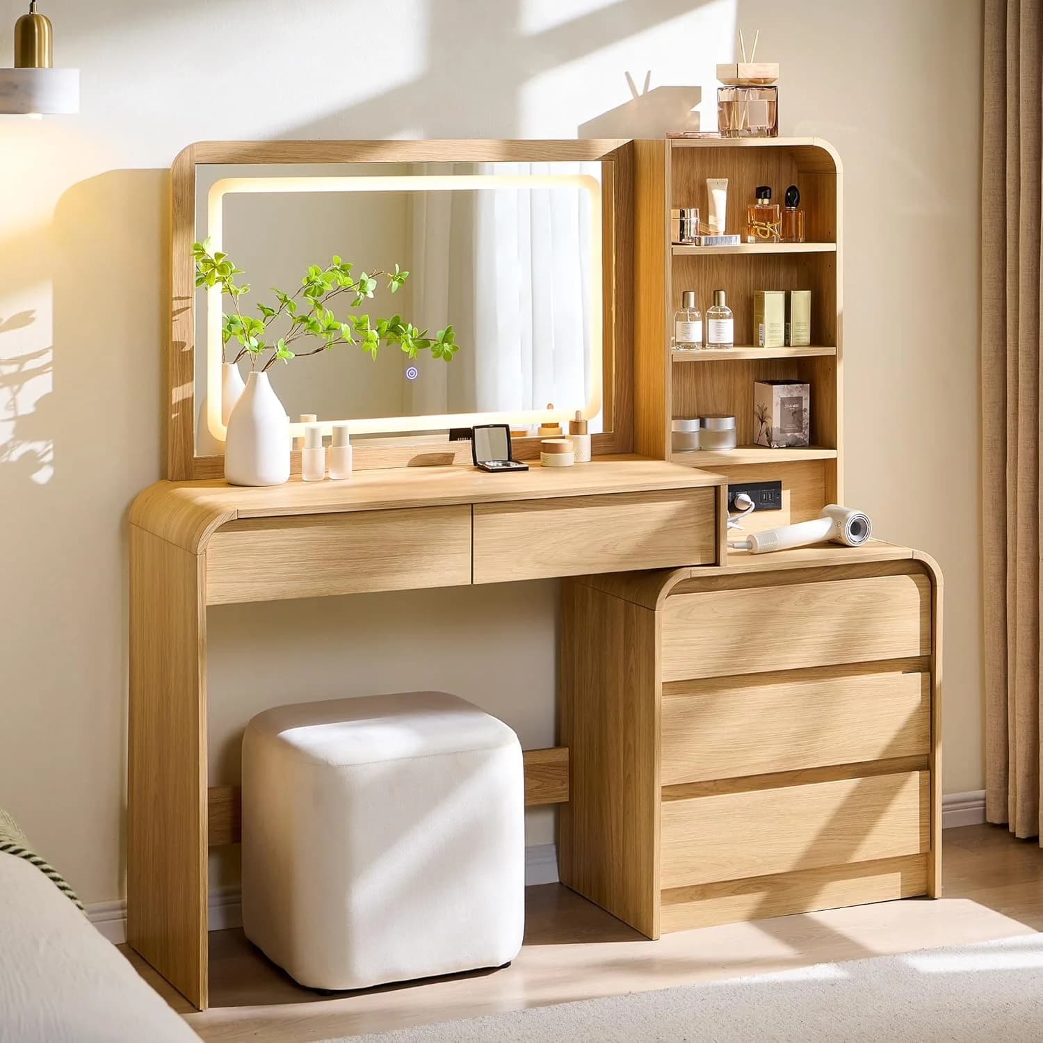 Aitjunz Vanity Desk with Mirror and Lights, 50” Modren Makeup Vanity with 35.43" Mirror and 5 Drawers, Makeup Table with