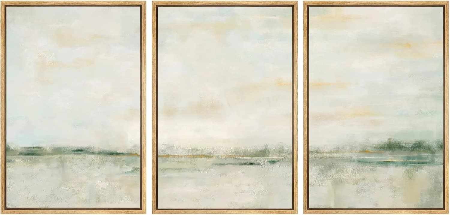 SIGNWIN Framed Canvas Print Wall Art Set Grunge Tan Green Pastel Landscape Shapes Abstract Illustrations Modern Art Deco