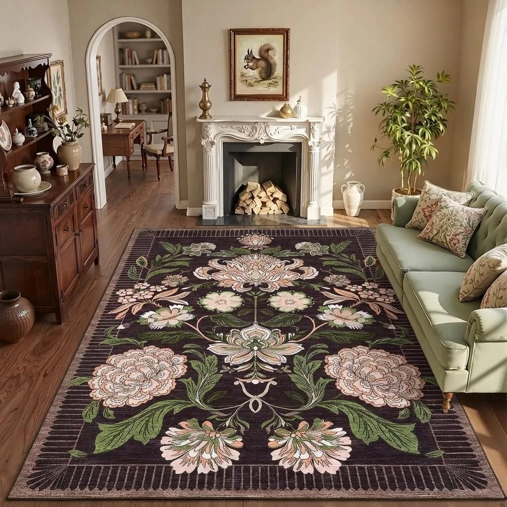 GarveeHome Plum Pink Floral Christmas Washable 5x7 Rug for Living Room, Black Purple Vintage Boho Cottage Throw Rugs Low