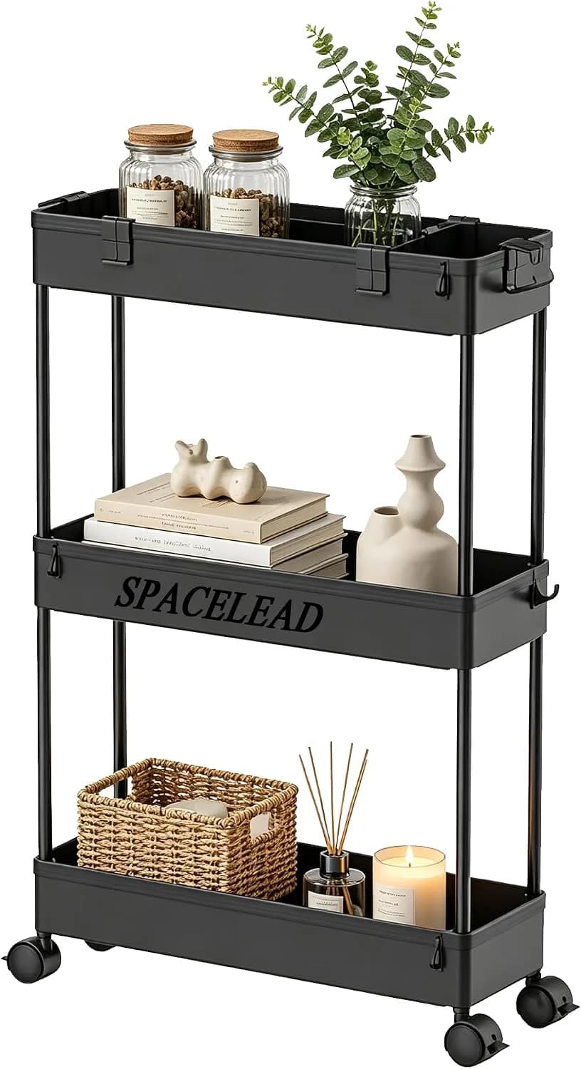 SPACELEAD Slim Storage Cart 3 Tier,Bathroom Organizer Rolling Utility,Mobile Shelving Unit Slide Out for Office, Kitchen