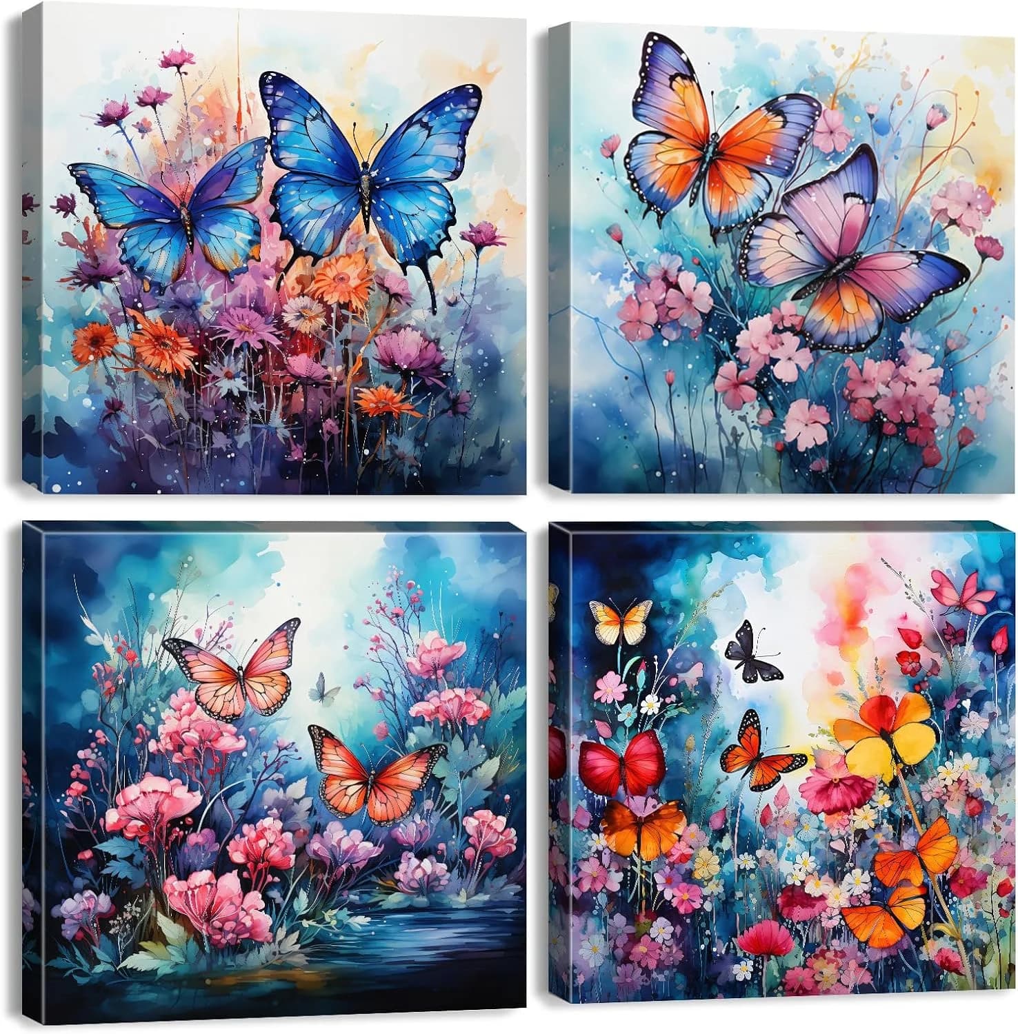Butterfly Wall Art Blue Butterfly Pictures Bathroom Wall Decor 12x12" 4Pcs