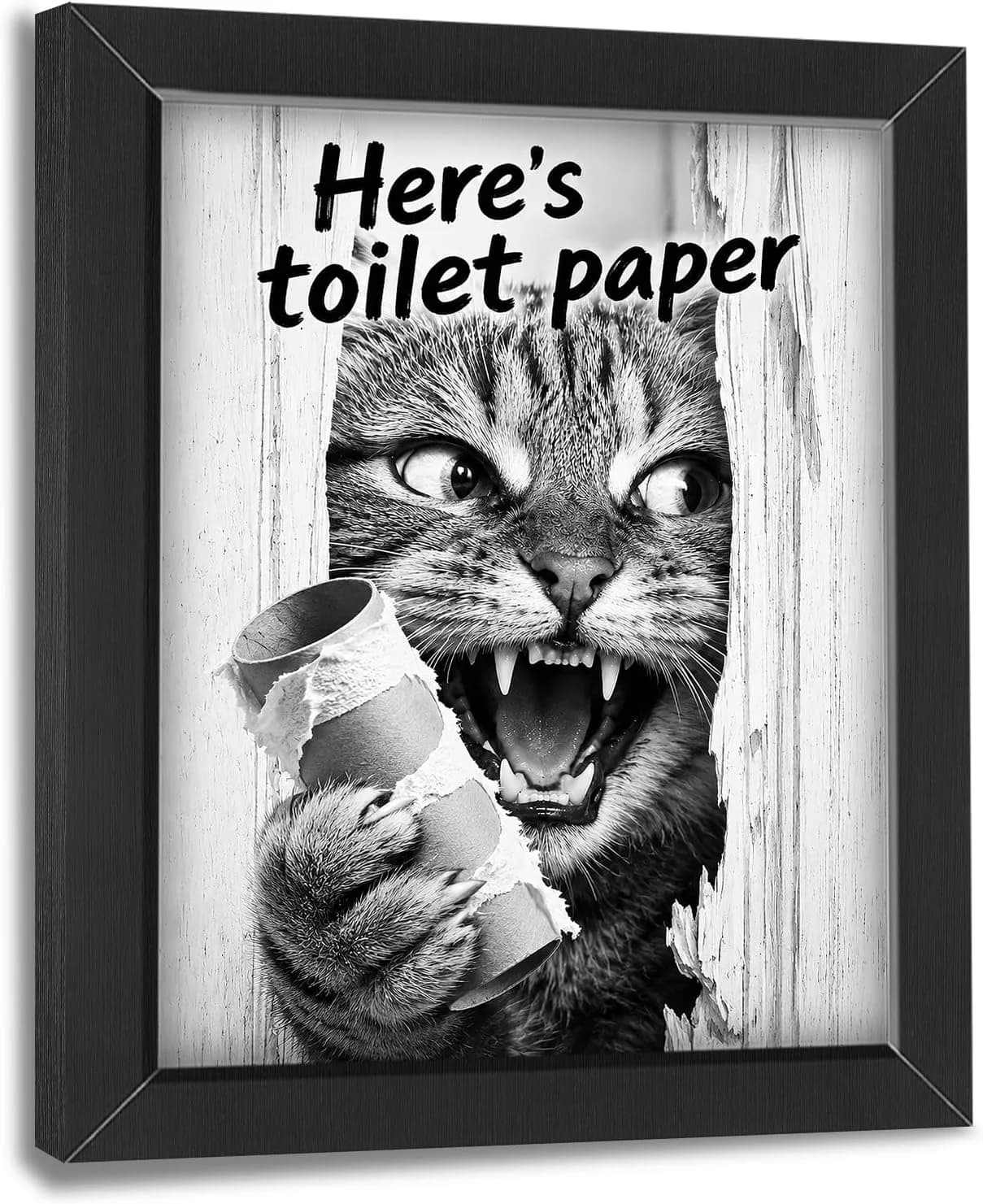 Funny Bathroom Wall Art Framed Cat Bathroom Decor, Black and White Animal Canvas Print Picture Farmhouse Toilet Signs fo