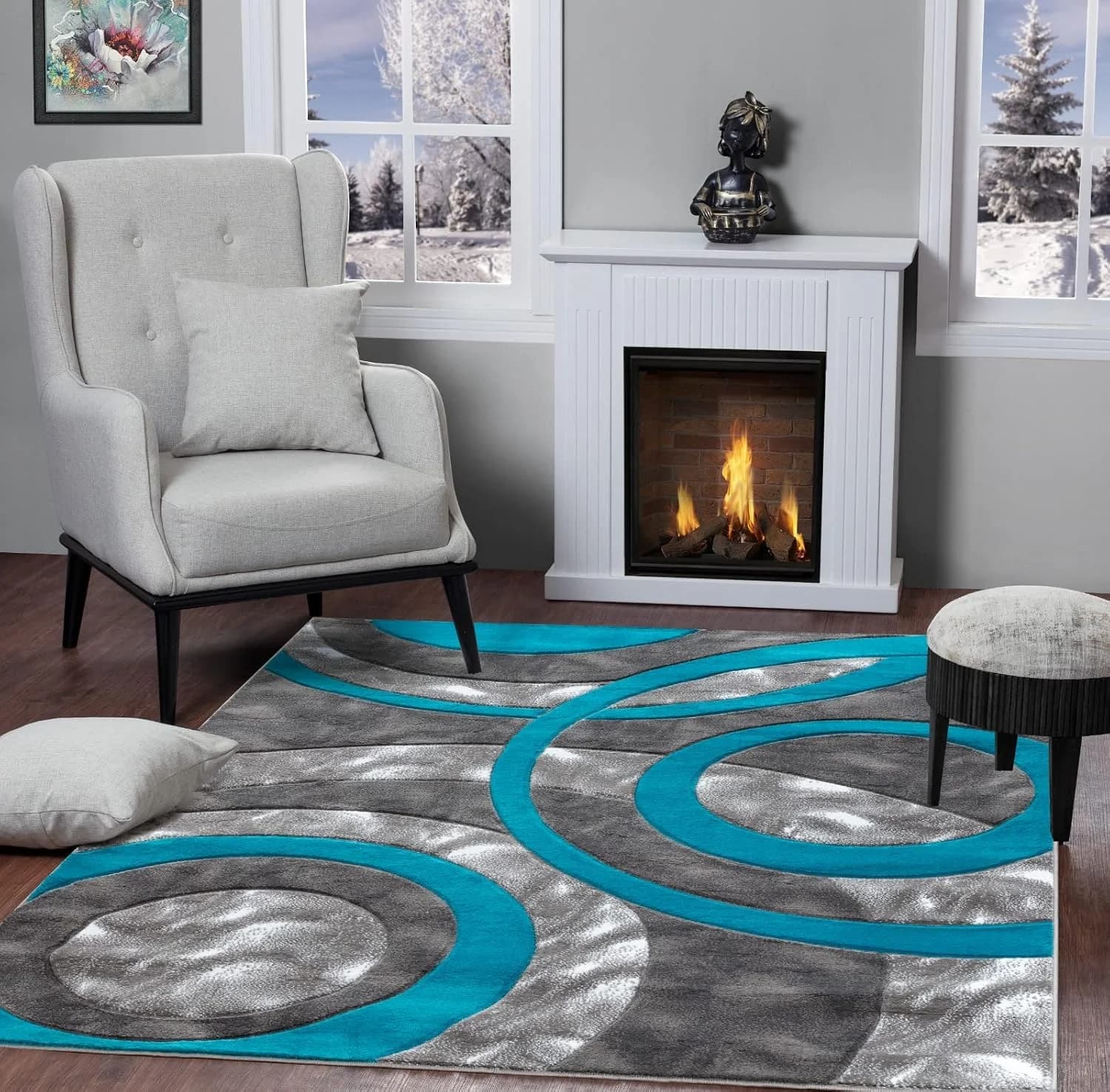 GLORY RUGS Area Rug Modern 5x7 Turquoise Circles Geometry Soft Hand Carved Contemporary Floor Carpet Fluffy Texture for