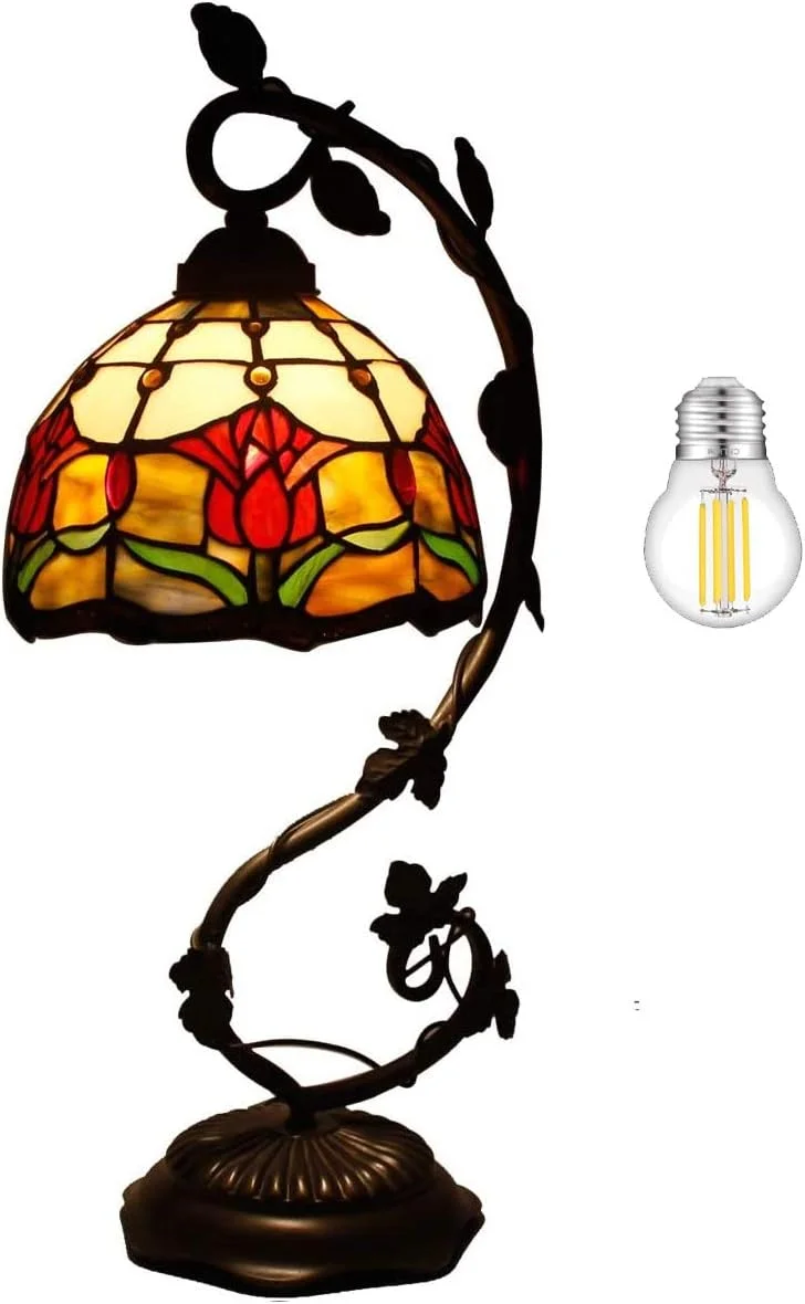 WERFACTORY Tiffany Lamp Red Stained Glass Tulip Table Reading Desk Light