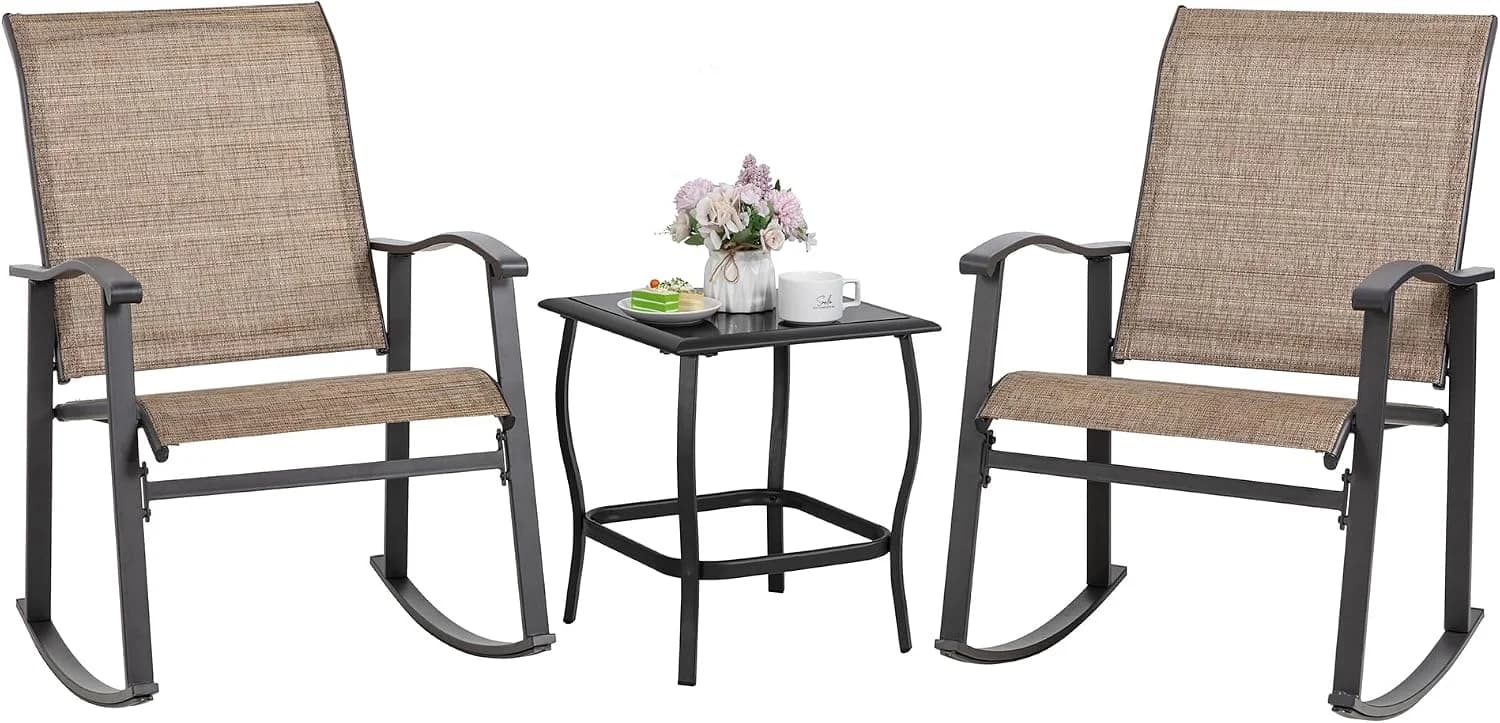 Shintenchi Rocking Chair Outdoor with Table, 3 Piece Rocking Patio Bistro Set, Outdoor Furniture Set with Metal Frame an