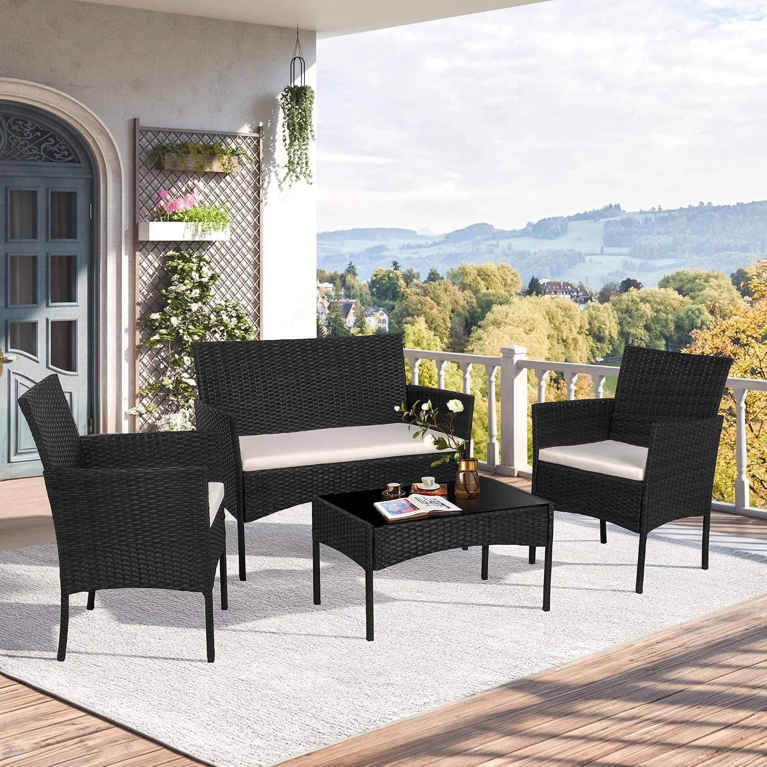 Shintenchi 4 Piece Outdoor Patio Furniture Sets, Small Wicker Patio Conversation Furniture Rattan Chair Set with Tempere