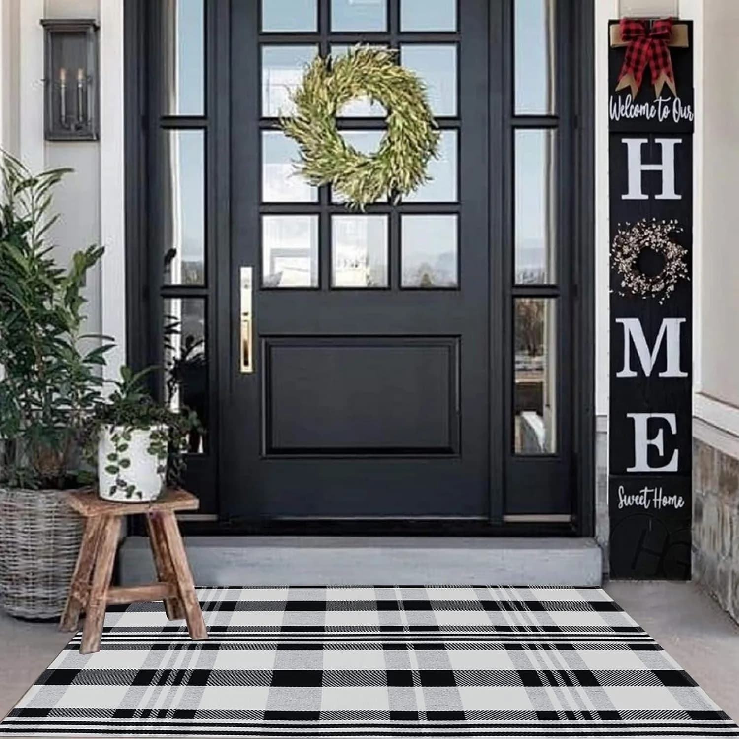 CAINANEL Buffalo Plaid Outdoor Rug Black and White Check Rug 35.4'' x 59'' Cotton Hand-Woven Checkered Front Welcome Doo