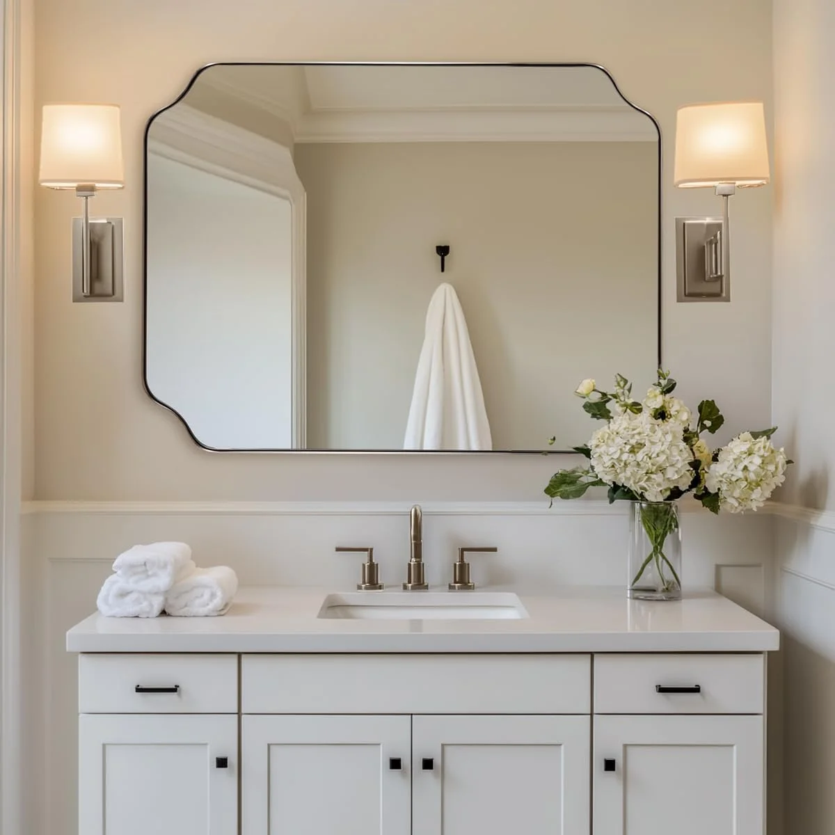ANDY STAR Brushed Nickel Mirror 30x40 Inch, Rectangle Bathroom Mirror for Wall, Large Scalloped Wall Mirror in Anti-Rust