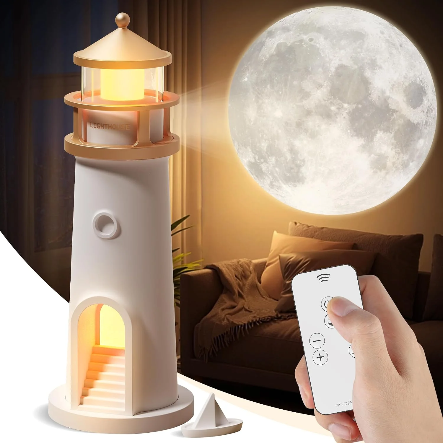 Moon Lighthouse Projector Night Light with Remote Control, Rechargeable LED Galaxy Projector Table Lamp, Moon Lamp for K