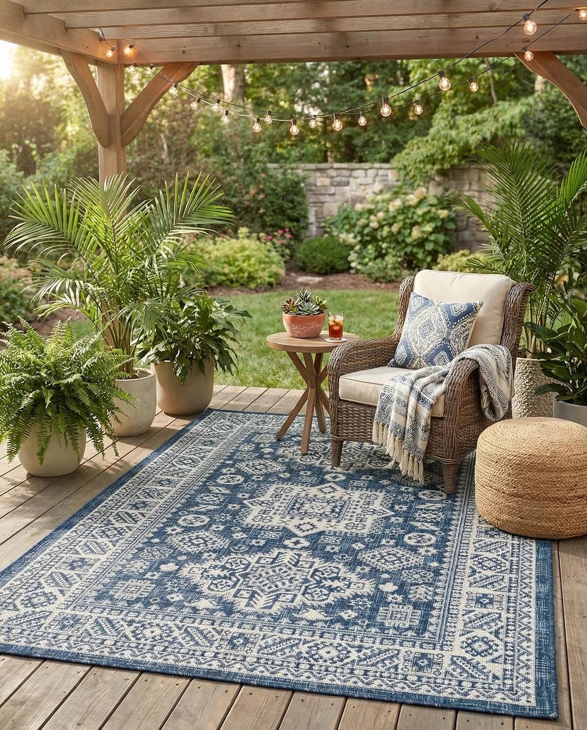 Rugs.com - Outdoor Aztec Rug – 4' 1 x 6' 1 Blue Indoor/Outdoor Rug – Washable Flatweave for Patios, Decks, and Porches