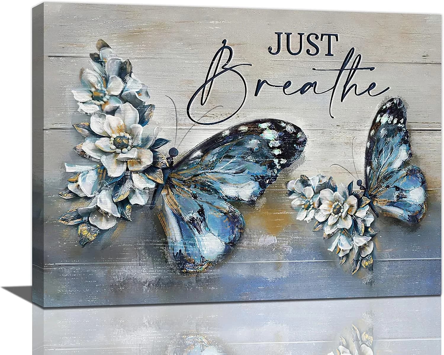 Farmhouse Blue Butterfly Flower Decor Wall Art Vintage Rustic Country Butterfly Just Breathe Pictures Wall Decor Canvas