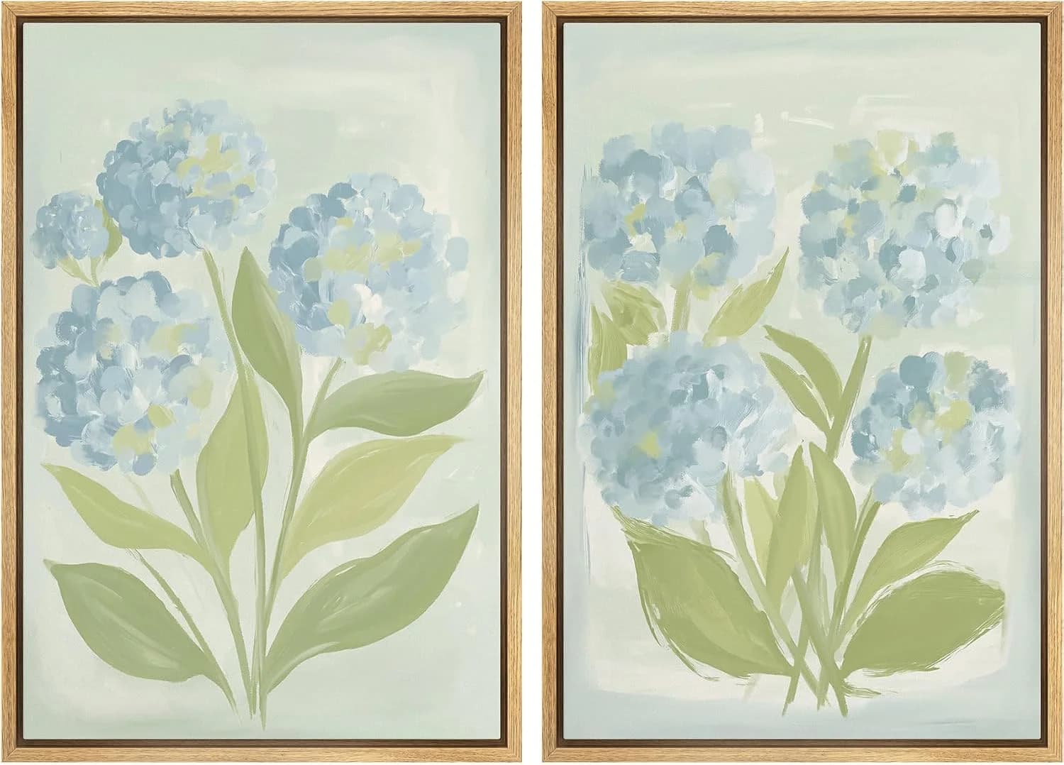 SIGNFORD Framed Canvas Print Wall Art Set Soft Hydrangea Pair Light Blue Florals with Green Leaves Illustration Modern A
