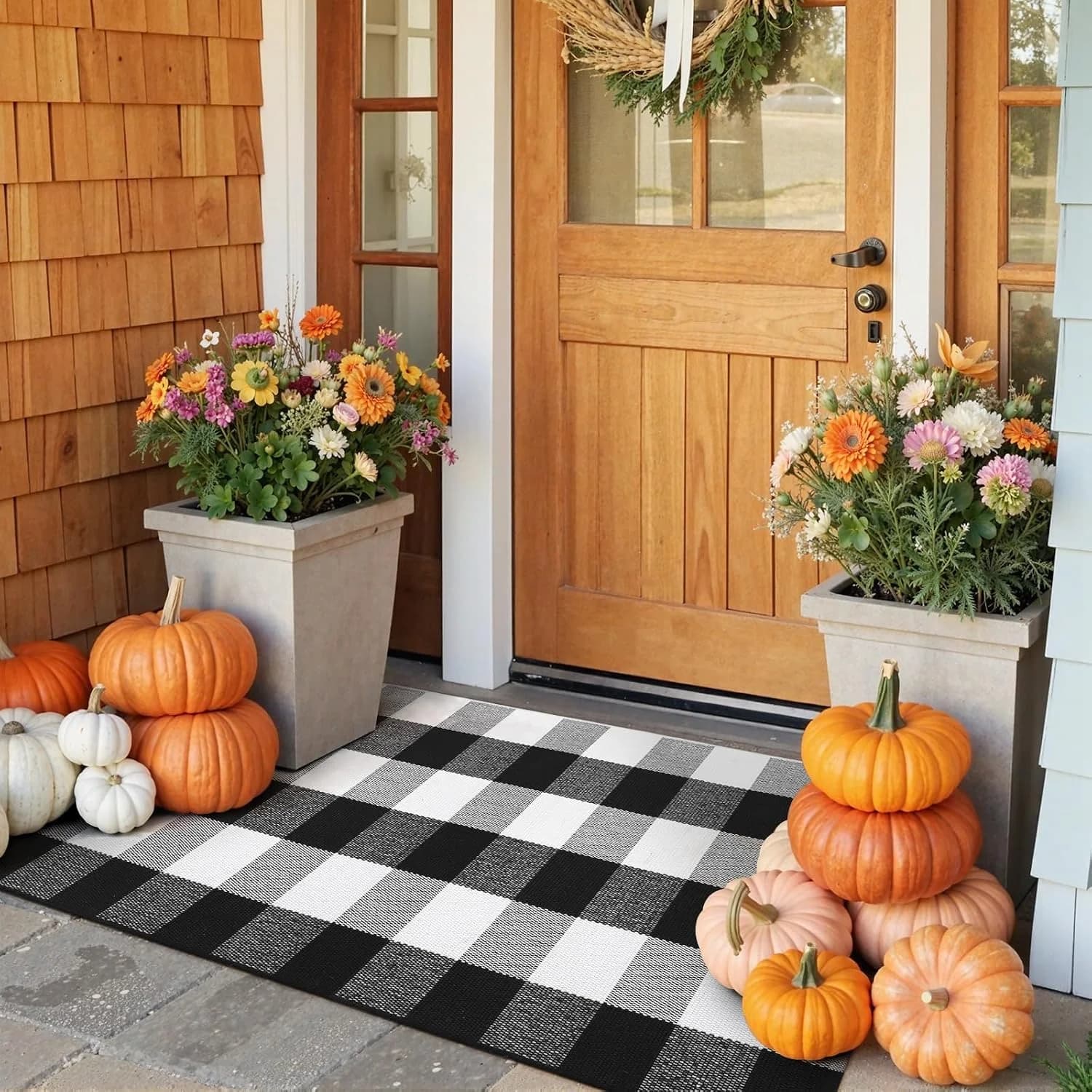KIMODE Buffalo Plaid Outdoor Rug Runner Doormat 24'' x 51", Black/White Cotton Woven Checkered Fall Farmhouse Porch Rugs