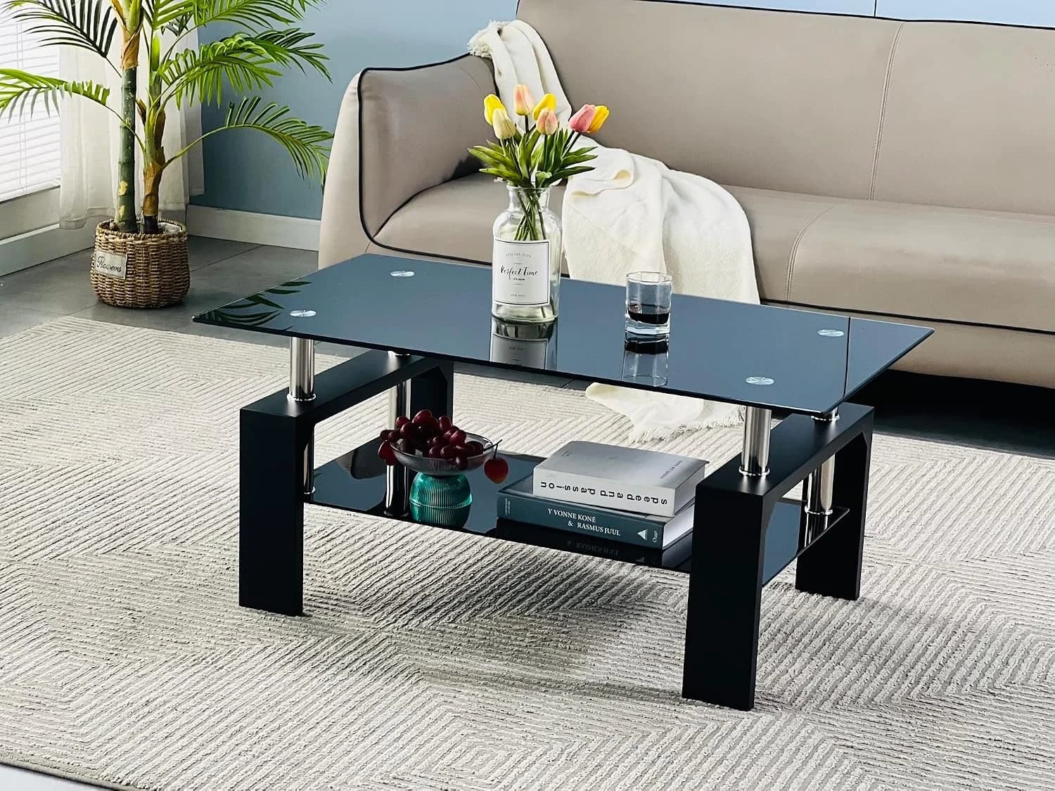 Btrpily Living Room Rectangle Coffee Table, Tea Table Suitable for Waiting Room, Modern Side Coffee Table with Wooden Le