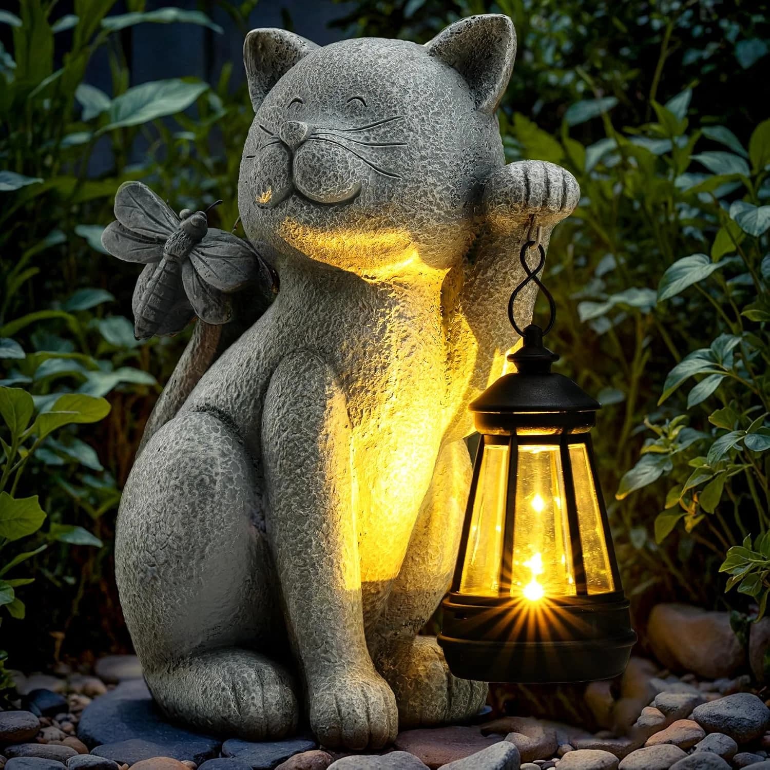 Solar Garden Outdoor Statues Cat with Solar Lantern,Outdoor Cat Figurines Decorations,Lawn Home Decor for Patio, Balcony