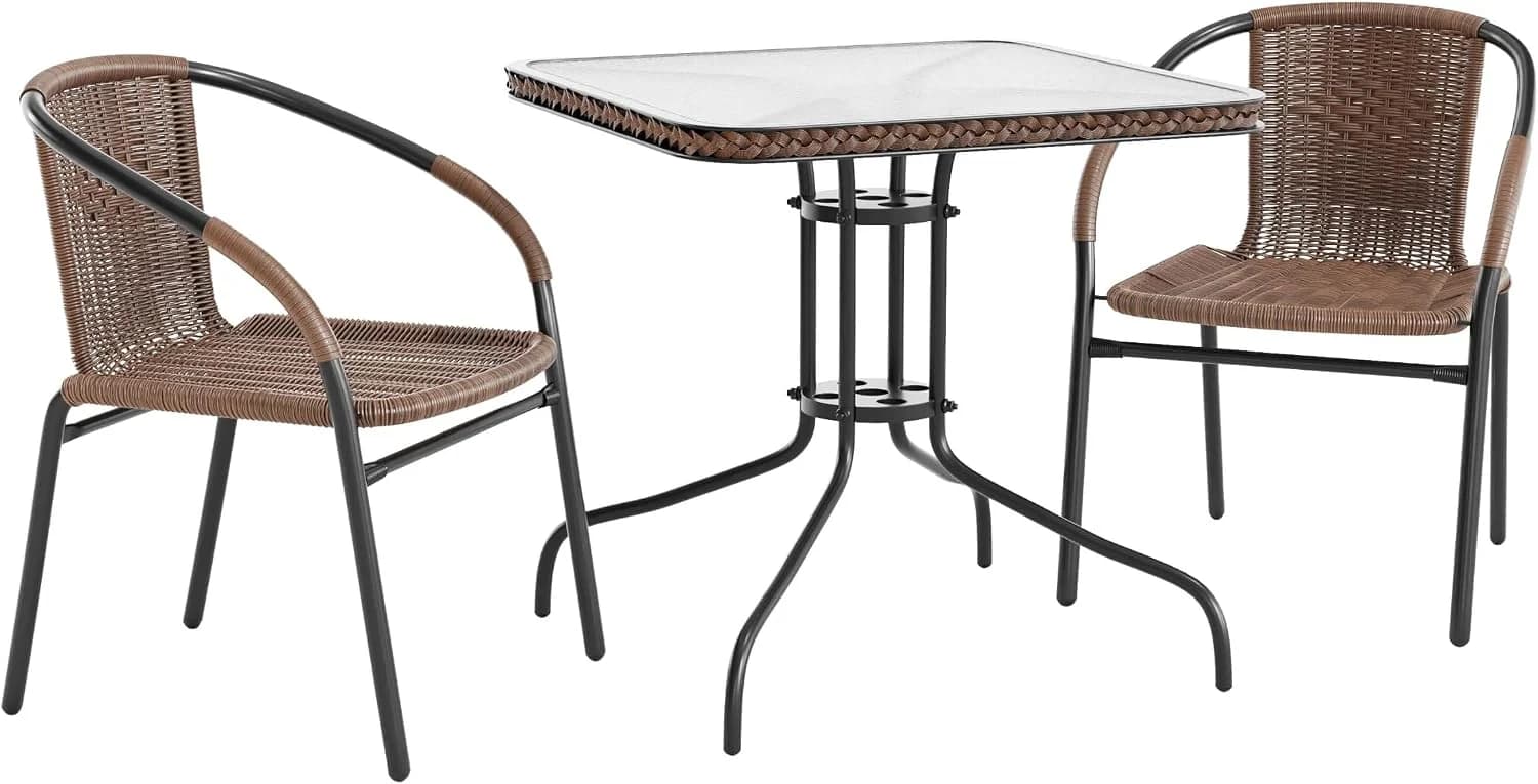 Flash Furniture Lila 3-Piece 28" Square Indoor/Outdoor Patio Table and Chairs Set, Glass Metal Bistro Table and 2 Stacki